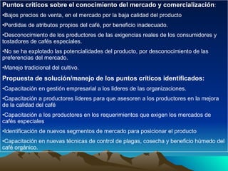 Puntos críticos sobre el conocimiento del mercado y comercialización : Bajos precios de venta, en el mercado por la baja calidad del producto Perdidas de atributos propios del café, por beneficio inadecuado. Desconocimiento de los productores de las exigencias reales de los consumidores y tostadores de cafés especiales. No se ha explotado las potencialidades del producto, por desconocimiento de las preferencias del mercado. Manejo tradicional del cultivo. Propuesta de solución/manejo de los puntos críticos identificados: Capacitación en gestión empresarial a los lideres de las organizaciones. Capacitación a productores lideres para que asesoren a los productores en la mejora de la calidad del café Capacitación a los productores en los requerimientos que exigen los mercados de cafés especiales Identificación de nuevos segmentos de mercado para posicionar el producto Capacitación en nuevas técnicas de control de plagas, cosecha y beneficio húmedo del café orgánico. 