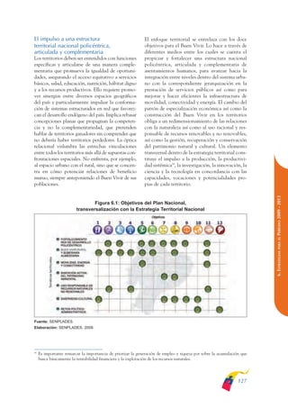 ARMADO_PLAN_BUEN_VIVIR       12/24/09    2:00 AM     Page 127




              El impulso a una estructura                                   El enfoque territorial se entrelaza con los doce
              territorial nacional policéntrica,                            objetivos para el Buen Vivir. Lo hace a través de
              articulada y complementaria                                   diferentes medios entre los cuales se cuenta el
              Los territorios deben ser entendidos con funciones            propiciar y fortalecer una estructura nacional
              específicas y articularse de una manera comple-               policéntrica, articulada y complementaria de
              mentaria que promueva la igualdad de oportuni-                asentamientos humanos, para avanzar hacia la
              dades, asegurando el acceso equitativo a servicios            integración entre niveles dentro del sistema urba-
              básicos, salud, educación, nutrición, hábitat digno           no con la correspondiente jerarquización en la
              y a los recursos productivos. Ello requiere promo-            prestación de servicios públicos así como para
              ver sinergias entre diversos espacios geográficos             mejorar y hacer eficientes la infraestructura de
              del país y particularmente impulsar la conforma-              movilidad, conectividad y energía. El cambio del
              ción de sistemas estructurados en red que favorez-            patrón de especialización económica así como la
              can el desarrollo endógeno del país. Implica rebasar          construcción del Buen Vivir en los territorios
              concepciones planas que propugnan la competen-                obliga a un redimensionamiento de las relaciones
              cia y no la complementariedad, que pretenden                  con la naturaleza así como al uso racional y res-
              hablar de territorios ganadores sin comprender que            ponsable de recursos renovables y no renovables,
              no debería haber territorios perdedores. La óptica            así como la gestión, recuperación y conservación
              relacional vislumbra las estrechas vinculaciones              del patrimonio natural y cultural. Un elemento
              entre todos los territorios más allá de supuestas con-        transversal dentro de la estrategia territorial cons-
              frontaciones espaciales. No enfrenta, por ejemplo,            tituye el impulso a la producción, la productivi-
              al espacio urbano con el rural, sino que se concen-           dad sistémica59, la investigación, la innovación, la
              tra en cómo potenciar relaciones de beneficio                 ciencia y la tecnología en concordancia con las
              mutuo, siempre anteponiendo el Buen Vivir de sus              capacidades, vocaciones y potencialidades pro-
              poblaciones.                                                  pias de cada territorio.




                                                                                                                                       PERÍODO 2009 - 2013
                                                Figura 6.1: Objetivos del Plan Nacional,
                                        transversalización con la Estrategia Territorial Nacional




                                                                                                                                          PARA EL
                                                                                                                                       6. ESTRATEGIAS




              Fuente: SENPLADES.
              Elaboración: SENPLADES, 2009.




              59
                   Es importante remarcar la importancia de priorizar la generación de empleo y riqueza por sobre la acumulación que
                   busca básicamente la rentabilidad financiera y la explotación de los recursos naturales.




                                                                                                                               127
 