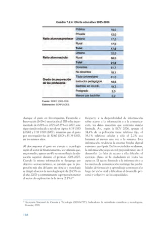 ARMADO_PLAN_BUEN_VIVIR      12/24/09    2:01 AM    Page 168




                                                  Cuadro 7.2.4: Oferta educativa 2005-2006




                                     Fuente: SINEC 2005-2006.
                                     Elaboración: SENPLADES.




                 Aunque el gasto en Investigación, Desarrollo e              Respecto a la disponibilidad de información
                 Innovación (I+D+i) en relación al PIB se ha incre-          sobre acceso a la información y a la comunica-
                 mentado de 0.06% en 2005 a 0.23% en 2007, este              ción, los datos muestran que continúa siendo
                 sigue siendo reducido a nivel per cápita: 6.33 USD          limitada. Así, según la ECV 2006, apenas el
                 (2006) y 7.38 USD (2007), mientras que el gasto             34,4% de la población tiene teléfono fijo, el
                 por investigador fue de 30.60 USD y 35.39 USD,              38,1% teléfono celular y sólo el 7,2% usa
                 en los mismos años.                                         Internet al menos una vez a la semana. Esta
                                                                             información evidencia la enorme brecha digital
                 Al descomponer el gasto en ciencia y tecnología             existente en el país. En las sociedades modernas,
                 según el sector de financiamiento, se evidencia que,        la información juega un rol preponderante en el
                 en promedio, apenas un 4% se orientó hacia la edu-          desarrollo. La falta de acceso a ella dificulta el
                 cación superior durante el período 2005-2007.               ejercicio pleno de la ciudadanía en todos los
                 Cuando la misma información se desagrega por                aspectos. El acceso limitado a la información y a
                 objetivo socioeconómico, se constata que la pro-            los medios de comunicación restringe las posibi-
                 porción más alta del gasto en ciencia y tecnología          lidades de formación y aprendizaje continuos a lo
                 se dirigió al sector de tecnología agrícola (24.5% en       largo del ciclo vital y dificultan el desarrollo per-
                 el año 2007) y contrariamente la proporción menor           sonal y colectivo de las capacidades.
                 al sector de explotación de la tierra (2.1%).69




                 69
                      Secretaría Nacional de Ciencia y Tecnología (SENACYT), Indicadores de actividades científicas y tecnológicas,
                      Ecuador, 2009.


                 168
 