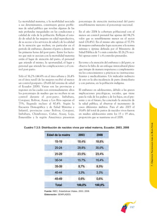 ARMADO_PLAN_BUEN_VIVIR   12/24/09    2:01 AM     Page 197




              La mortalidad materna, y la morbilidad asociada            porcentajes de atención institucional del parto
              a sus determinantes, constituyen graves proble-            sensiblemente menores al porcentaje nacional.
              mas de salud pública que revelan algunas de las
              más profundas inequidades en las condiciones y             En el año 2004 la cobertura poblacional con al
              calidad de vida de la población. Reflejan el esta-         menos un control prenatal fue apenas del 84,2%
              do de salud de las mujeres en edad reproductiva,           valor que es sensiblemente menor en el sector
              de su acceso a los servicios de salud y de la calidad      rural (76,4%). En el mismo año apenas el 57,5%
              de la atención que reciben, en particular en el            de mujeres embarazadas logra acercarse a la norma
              período de embarazo, durante el parto y dentro de          mínima y óptima definida por el Ministerio de
              las primeras horas del post-parto. Entre los facto-        Salud Pública de 5 o más controles. El 26,2% reci-
              res que más se asocian con la mortalidad materna           bió apenas entre 1 a 4 controles prenatales.
              están el lugar de atención del parto, el personal
              que atiende el mismo, la oportunidad, el lugar y           En torno a la atención del embarazo y del parto, se
              personal que atiende las complicaciones y el con-          observa la falta de un enfoque intercultural pleno
              trol post-parto.                                           que integre de manera respetuosa y complementa-
                                                                         ria los conocimientos y prácticas no instituciona-
              Sólo el 36,2% (44.4% en el área urbana y 26,4%             lizantes y medicalizantes. Un indicador indirecto
              en el área rural) de las mujeres recibió al menos          de esto es la alta incidencia de parto domiciliario
              un control postparto. (Perfil del sistema de salud         y con parteras, en la población indígena.
              el Ecuador 2008). Varias son las provincias y
              regiones en las cuales son extremadamente altos            El embarazo en adolescentes, debido a las graves
              los porcentajes de madres que no reciben ni un             implicaciones psicológicas, sociales, que tiene
              control durante el post-parto. Imbabura,                   para la vida de los padres y de los hijos, en el pre-
              Cotopaxi, Bolívar, Azuay y Los Ríos superan el             sente y en el futuro, ha concitado la atención de
              75%, llegando incluso al 80,4%. Según la                   la salud pública, al observar el incremento de
              Encuesta Demográfica y de Salud Materna e                  casos diferentes ámbitos. Para el año 2003 el
              Infantil, provincias como Bolívar, Cotopaxi,               18,4% del total de partos de nacidos vivos fueron
              Imbabura, Chimborazo, Cañar, Azuay, Loja,                  en madres adolescentes entre los 15 y 19 años,
              Esmeraldas y la región Amazónica presentan                 proporción que se mantiene en el 2008.




                                                                                                                                 BUEN VIVIR
                   Cuadro 7.3.5: Distribución de nacidos vivos por edad materna, Ecuador. 2003, 2008




                                                                                                                                     PARA EL
                                                                                                                                 7. OBJETIVOS NACIONALES




                                      Fuente: INEC. Estadísticas Vitales, 2003, 2008.
                                      Elaboración: SENPLADES.




                                                                                                                         197
 