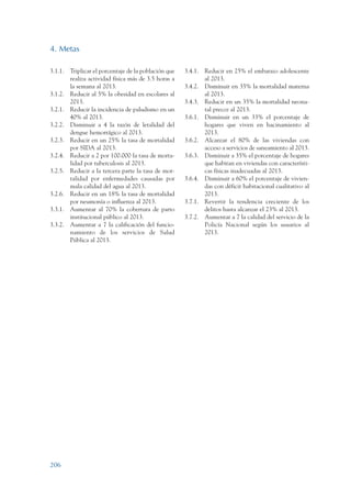 ARMADO_PLAN_BUEN_VIVIR   12/24/09   2:01 AM   Page 206




                 4. Metas

                 3.1.1. Triplicar el porcentaje de la población que   3.4.1. Reducir en 25% el embarazo adolescente
                        realiza actividad física más de 3.5 horas a          al 2013.
                        la semana al 2013.                            3.4.2. Disminuir en 35% la mortalidad materna
                 3.1.2. Reducir al 5% la obesidad en escolares al            al 2013.
                        2013.                                         3.4.3. Reducir en un 35% la mortalidad neona-
                 3.2.1. Reducir la incidencia de paludismo en un             tal precoz al 2013.
                        40% al 2013.                                  3.6.1. Disminuir en un 33% el porcentaje de
                 3.2.2. Disminuir a 4 la razón de letalidad del              hogares que viven en hacinamiento al
                        dengue hemorrágico al 2013.                          2013.
                 3.2.3. Reducir en un 25% la tasa de mortalidad       3.6.2. Alcanzar el 80% de las viviendas con
                        por SIDA al 2013.                                    acceso a servicios de saneamiento al 2013.
                 3.2.4. Reducir a 2 por 100.000 la tasa de morta-     3.6.3. Disminuir a 35% el porcentaje de hogares
                        lidad por tuberculosis al 2013.                      que habitan en viviendas con característi-
                 3.2.5. Reducir a la tercera parte la tasa de mor-           cas físicas inadecuadas al 2013.
                        talidad por enfermedades causadas por         3.6.4. Disminuir a 60% el porcentaje de vivien-
                        mala calidad del agua al 2013.                       das con déficit habitacional cualitativo al
                 3.2.6. Reducir en un 18% la tasa de mortalidad              2013.
                        por neumonía o influenza al 2013.             3.7.1. Revertir la tendencia creciente de los
                 3.3.1. Aumentar al 70% la cobertura de parto                delitos hasta alcanzar el 23% al 2013.
                        institucional público al 2013.                3.7.2. Aumentar a 7 la calidad del servicio de la
                 3.3.2. Aumentar a 7 la calificación del funcio-             Policía Nacional según los usuarios al
                        namiento de los servicios de Salud                   2013.
                        Pública al 2013.




                 206
 