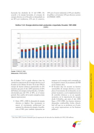ARMADO_PLAN_BUEN_VIVIR       12/24/09    2:02 AM     Page 227




              facturada fue alrededor de 11 mil GWh. De                      19% por el sector industrial, el 8% por alumbra-
              acuerdo a la energía facturada, el consumo de                  do público y el restante 10% por diversos actores
              energía eléctrica en el Ecuador es demandado en                (CONELEC 2008).
              un 41% por residencias, 22% por el comercio,


                       Gráfico 7.4.3: Energía eléctrica total: producida e importada, Ecuador, 1991-2006
                                                               (GWh)




              Fuente: CONELEC 2008.
              Elaboración: SENPLADES.




                                                                                                                                   BUEN VIVIR
              En el Gráfico 7.4.3 se puede observar cómo ha                        aumento en la energía total consumida en




                                                                                                                                       PARA EL
              variado la composición de la energía eléctrica en el                 los hogares) y mayor al crecimiento del PIB
              Ecuador en los últimos 16 años. En el año 1991 la                    en los mismos años.


                                                                                                                                   7. OBJETIVOS NACIONALES
              energía de fuentes térmicas representaba el 27%                    • El Ecuador deja de invertir en fuentes
              mientras que para el año 2006 representa el 47%                      sustentables de energía eléctrica y reem-
              del balance de energía total producida, y la hidro-                  plaza el incremento de la demanda, en un
              electricidad pasa del 73% al 44%, en el mismo                        primer momento, con la implementación
              período. Este cambio de la matriz energética tiene                   de centrales térmicas y, en un segundo
              algunas repercusiones:                                               momento, en la importación de energía
                                                                                   desde Colombia, que para el año 2006
                    • Entre 1997 y 2006 la demanda de energía                      llega a 1570 GWh. Las fuentes térmicas
                      eléctrica se duplicó. Este incremento es                     demandan combustibles fósiles (diesel,
                      mayor al crecimiento poblacional (se                         fuel oil) que no se producen en el país,
                      aumentó la cobertura de energía a la pobla-                  con serias repercusiones en las finanzas
                      ción al 94%, pero también representa un                      públicas77.



              77
                   En el año 2007 el monto destinado para la importación de derivados fue alrededor de US$ 2.300 millones.



                                                                                                                             227
 