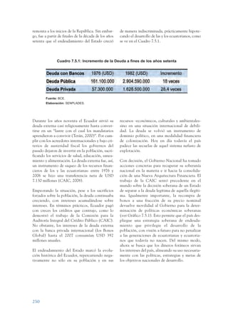 ARMADO_PLAN_BUEN_VIVIR   12/24/09   2:02 AM    Page 250




                 remonta a los inicios de la República. Sin embar-      de manera indiscriminada, prácticamente hipote-
                 go, fue a partir de finales de la década de los años   cando el desarrollo de las y los ecuatorianos, como
                 setenta que el endeudamiento del Estado creció         se ve en el Cuadro 7.5.1.



                                Cuadro 7.5.1: Incremento de la Deuda a fines de los años setenta




                         Fuente: BCE.
                         Elaboración: SENPLADES.




                 Durante los años noventa el Ecuador sirvió su          recursos -económicos, culturales y ambientales-
                 deuda externa casi religiosamente hasta conver-        sino en una situación internacional de debili-
                 tirse en un “lastre con el cual los mandatarios        dad. La deuda se volvió un instrumento de
                 aprendieron a convivir (Terán, 2000)”. Por cum-        dominio político, en una modalidad financiera
                 plir con los acreedores internacionales y bajo cri-    de colonización. Hoy en día todavía el país
                 terios de austeridad fiscal los gobiernos del          padece las secuelas de aquel sistema nefasto de
                 pasado dejaron de invertir en la población, sacri-     explotación.
                 ficando los servicios de salud, educación, sanea-
                 miento y alimentación. La deuda externa fue, así,      Con decisión, el Gobierno Nacional ha tomado
                 un instrumento de saqueo de los recursos finan-        acciones concretas para recuperar su soberanía
                 cieros de los y las ecuatorianas: entre 1976 y         nacional en la materia e ir hacia la consolida-
                 2006 se hizo una transferencia neta de USD             ción de una Nueva Arquitectura Financiera. El
                 7.130 millones (CAIC, 2008).                           trabajo de la CAIC sentó precedente en el
                                                                        mundo sobre la decisión soberana de un Estado
                 Empeorando la situación, pese a los sacrificios        de separar a la deuda legítima de aquella ilegíti-
                 forzados sobre la población, la deuda continuaba       ma. Igualmente importante, la recompra de
                 creciendo, con intereses acumulándose sobre            bonos a una fracción de su precio nominal
                 intereses. En términos prácticos, Ecuador pagó         devuelve movilidad al Gobierno para la deter-
                 con creces los créditos que contrajo, como lo          minación de políticas económicas soberanas
                 demostró el trabajo de la Comisión para la             (ver Gráfico 7.5.1). Esto permite que el país des-
                 Auditoría Integral del Crédito Público (CAIC).         pliegue una estrategia soberana de endeuda-
                 No obstante, los intereses de la deuda externa         miento que privilegie el desarrollo de la
                 con la banca privada internacional (los Bonos          población, con visión a futuro para no penalizar
                 Global) hasta el 2007 consumían USD 392                a las generaciones de ecuatorianas y ecuatoria-
                 millones anuales.                                      nos que todavía no nacen. Del mismo modo,
                                                                        ahora se busca que los dineros foráneos sirvan
                 El endeudamiento del Estado marcó la evolu-            los intereses del país, alineando su uso necesaria-
                 ción histórica del Ecuador, repercutiendo nega-        mente con las políticas, estrategias y metas de
                 tivamente no sólo en su población y en sus             los objetivos nacionales de desarrollo.




                 250
 
