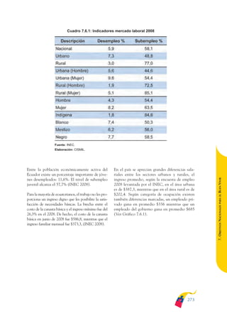 ARMADO_PLAN_BUEN_VIVIR    12/24/09    2:03 AM    Page 273




                                         Cuadro 7.6.1: Indicadores mercado laboral 2008




                                Fuente: INEC.
                                Elaboración: CISMIL.




              Entre la población económicamente activa del              En el país se aprecian grandes diferencias sala-
              Ecuador existe un porcentaje importante de jóve-          riales entre los sectores urbanos y rurales, el




                                                                                                                            BUEN VIVIR
              nes desempleados: 11,6%. El nivel de subempleo            ingreso promedio, según la encuesta de empleo
              juvenil alcanza el 57,7% (INEC 2008).                     2008 levantada por el INEC, en el área urbana
                                                                        es de $387,3, mientras que en el área rural es de
              Para la mayoría de ecuatorianos, el trabajo no les pro-   $202,4. Según categoría de ocupación existen




                                                                                                                                PARA EL
              porciona un ingreso digno que les posibilite la satis-    también diferencias marcadas, un empleado pri-
              facción de necesidades básicas. La brecha entre el        vado gana en promedio $336 mientras que un


                                                                                                                            7. OBJETIVOS NACIONALES
              costo de la canasta básica y el ingreso mínimo fue del    empleado del gobierno gana en promedio $685
              26,3% en el 2008. De hecho, el costo de la canasta        (Ver Gráfico 7.6.1).
              básica en junio de 2008 fue $586,8, mientras que el
              ingreso familiar mensual fue $373,3, (INEC 2008).




                                                                                                                    273
 