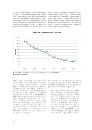 ARMADO_PLAN_BUEN_VIVIR   12/24/09     2:00 AM    Page 50




                 del monto del valor libre, que fue disminuido a             setenta, uno de cada cuatro ecuatorianos no sabía
                 200 pesos. Tales artículos desaparecieron a partir          leer ni escribir (Gráfico 4.1). Con este artículo,
                 de la Constitución de 1861, no así el requisito de          quedó fuera de la comunidad política entre la
                 saber leer y escribir para gozar de derechos ciuda-         mitad y un cuarto de la población. Por ello, es
                 danos. Este último fue eliminado hace escasas               posible afirmar que las constituciones han sido
                 décadas: en 1979. La cláusula no era menor, si se           mecanismos institucionalizados de exclusión
                 considera, por ejemplo, que, en 1950, 44% de la             social y, con ello, de segmentación y estratifica-
                 población era analfabeta y, a mediados de los               ción de la población ecuatoriana.


                                                   Gráfico 4.1. Analfabetismo, 1950-2001




                 Fuente: SIISE, versión 4.0, basado en Censos de Población y Vivienda 1950-2001.
                 Elaboración: SENPLADES.



                 Otras formas de discriminación y exclusión                  Estas situaciones de discriminación y exclusión
                 vinieron dadas a través de la religión, el género,          que se generan en el campo de la ciudadanía se
                 el ser indígena o afroecuatoriano. La “Carta                reproducen en el ámbito del acceso al poder (ser
                 Negra” de 1869, dictada por García Moreno,                  presidente, vicepresidente o diputado):
                 señalaba que, para ser considerado ciudadano, se
                 requería ser católico. La esclavitud de los negros              “De acuerdo con la Constitución de 1830,
                 fue abolida 22 años después de la primera                       para ser Presidente se requería tener una pro-
                 Constitución, es decir, con la de 1852 (Paz y                   piedad de 30.000 pesos (una vaca costaba 4
                 Miño, 2007, 5). La Constitución de 1864, en su                  pesos y una casafinca cerca de 100 pesos),
                 artículo 9, disponía: “son ciudadanos los ecuato-               que bajó a 8.000 (y renta anual) en las
                 rianos varones que sepan leer y escribir, y hayan               Constituciones de 1835 y 1843, a 6.000 (o
                 cumplido veintiún años, o sean o hubieren sido                  renta) en las de 1845, 1851 y 1852, a gozar de
                 casados”. La ciudadanía de las mujeres y, en con-               una renta anual de 500 pesos según la
                 secuencia, su derecho al voto fueron reconocidos                Constitución de 1861, una propiedad de
                 casi un siglo después, en la Constitución de                    4.000 pesos o renta anual de 500 de acuerdo
                 1929. Hasta entonces, sólo los ciudadanos varo-                 con la de 1869 e igual renta según la de 1878.
                 nes gozaban de ese derecho.                                     Para ser Senador o Diputado la situación era




                 50
 