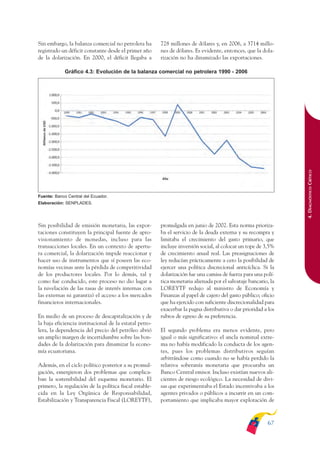 ARMADO_PLAN_BUEN_VIVIR    12/24/09    2:00 AM      Page 67




              Sin embargo, la balanza comercial no petrolera ha       728 millones de dólares y, en 2006, a 3714 millo-
              registrado un déficit constante desde el primer año     nes de dólares. Es evidente, entonces, que la dola-
              de la dolarización. En 2000, el déficit llegaba a       rización no ha dinamizado las exportaciones.

                           Gráfico 4.3: Evolución de la balanza comercial no petrolera 1990 - 2006




                                                                                                                              4. DIAGNÓSTICO CRÍTICO
              Fuente: Banco Central del Ecuador.
              Elaboración: SENPLADES.




              Sin posibilidad de emisión monetaria, las expor-        promulgada en junio de 2002. Esta norma prioriza-
              taciones constituyen la principal fuente de apro-       ba el servicio de la deuda externa y su recompra y
              visionamiento de monedas, incluso para las              limitaba el crecimiento del gasto primario, que
              transacciones locales. En un contexto de apertu-        incluye inversión social, al colocar un tope de 3,5%
              ra comercial, la dolarización impide reaccionar y       de crecimiento anual real. Las preasignaciones de
              hacer uso de instrumentos que sí poseen las eco-        ley reducían prácticamente a cero la posibilidad de
              nomías vecinas ante la pérdida de competitividad        ejercer una política discrecional anticíclica. Si la
              de los productores locales. Por lo demás, tal y         dolarización fue una camisa de fuerza para una polí-
              como fue conducido, este proceso no dio lugar a         tica monetaria alienada por el salvataje bancario, la
              la nivelación de las tasas de interés internas con      LOREYTF redujo al ministro de Economía y
              las externas ni garantizó el acceso a los mercados      Finanzas al papel de cajero del gasto público; oficio
              financieros internacionales.                            que ha ejercido con suficiente discrecionalidad para
                                                                      exacerbar la pugna distributiva o dar prioridad a los
              En medio de un proceso de descapitalización y de        rubros de egreso de su preferencia.
              la baja eficiencia institucional de la estatal petro-
              lera, la dependencia del precio del petróleo abrió      El segundo problema era menos evidente, pero
              un amplio margen de incertidumbre sobre las bon-        igual o más significativo: el ancla nominal extre-
              dades de la dolarización para dinamizar la econo-       ma no había modificado la conducta de los agen-
              mía ecuatoriana.                                        tes, pues los problemas distributivos seguían
                                                                      arbitrándose como cuando no se había perdido la
              Además, en el ciclo político posterior a su promul-     relativa soberanía monetaria que procuraba un
              gación, emergieron dos problemas que complica-          Banco Central emisor. Incluso existían nuevos ali-
              ban la sostenibilidad del esquema monetario. El         cientes de riesgo ecológico. La necesidad de divi-
              primero, la regulación de la política fiscal estable-   sas que experimentaba el Estado incentivaba a los
              cida en la Ley Orgánica de Responsabilidad,             agentes privados o públicos a incurrir en un com-
              Estabilización y Transparencia Fiscal (LOREYTF),        portamiento que implicaba mayor explotación de



                                                                                                                       67
 