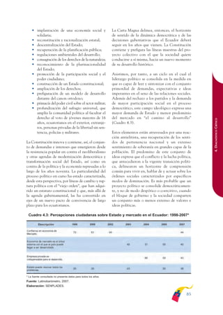 ARMADO_PLAN_BUEN_VIVIR      12/24/09       2:00 AM       Page 85




                  • implantación de una economía social y                     La Carta Magna delinea, entonces, el horizonte
                    solidaria;                                                de sentido de la dinámica democrática y de las
                  • reconstitución y racionalización estatal;                 decisiones gubernativas que el Ecuador deberá
                  • descentralización del Estado;                             seguir en los años que vienen. La Constitución
                  • recuperación de la planificación pública;                 contiene y prefigura las líneas maestras del pro-
                  • regulaciones ambientales del desarrollo;                  yecto colectivo con el que la sociedad quiere
                  • consagración de los derechos de la naturaleza;            conducirse a sí misma, hacia un nuevo momento
                  • reconocimiento de la plurinacionalidad                    de su desarrollo histórico.
                    del Estado;
                  • promoción de la participación social y el                 Asistimos, por tanto, a un ciclo en el cual el
                    poder ciudadano;                                          liderazgo político se consolida en la medida en
                  • construcción de un Estado constitucional;                 que es capaz de leer y sintonizar con el conjunto
                  • ampliación de los derechos;                               primordial de demandas, expectativas e ideas
                  • prefiguración de un modelo de desarrollo                  imperantes en el seno de las relaciones sociales.
                    distante del canon ortodoxo;                              Además del rechazo a los partidos y la demanda
                  • primacía del poder civil sobre el actor militar;          de mayor participación social en el proceso
                  • profundización del sufragio universal, que                democrático, este campo ideológico expresa una
                    amplía la comunidad política al facultar el               mayor demanda de Estado y menor predominio
                    derecho al voto de jóvenes mayores de 16                  del mercado en “el camino al desarrollo”




                                                                                                                                    4. DIAGNÓSTICO CRÍTICO
                    años, ecuatorianos en el exterior, extranje-              (Cuadro 4.3).
                    ros, personas privadas de la libertad sin sen-
                    tencia, policías y militares.                             Estos elementos están atravesados por una reac-
                                                                              ción antielitista, una recuperación de los senti-
              La Constitución innova y contiene, así, el conjun-              dos de pertenencia nacional y un extenso
              to de demandas e intereses que emergieron desde                 sentimiento de soberanía en grandes capas de la
              la resistencia popular en contra el neoliberalismo              población. El predomino de este conjunto de
              y otras agendas de modernización democrática y                  ideas expresa que el conflicto y la lucha política,
              transformación social del Estado, así como en                   que antecedieron a la vigente transición políti-
              contra de la política y la economía represadas a lo             ca, delinearon un horizonte de comprensión
              largo de los años noventa. La particularidad del                común para vivir en, hablar de y actuar sobre los
              proceso político en curso ha estado caracterizada,              órdenes sociales caracterizados por específicos
              desde esta perspectiva, por líneas de cambio y rup-             modos de dominación. Es más probable que un
              tura política con el “viejo orden”, que han adqui-              proyecto político se consolide democráticamen-
              rido un estatuto constitucional y que, más allá de              te, y no de modo despótico o coercitivo, cuando
              la agenda gubernamental, las ha convertido en                   el bloque de gobierno y la sociedad comparten
              ejes de un nuevo pacto de convivencia de largo                  un conjunto más o menos extenso de valores e
              plazo para los ecuatorianos.                                    ideas políticas.

               Cuadro 4.3: Percepciones ciudadanas sobre Estado y mercado en el Ecuador: 1998-2007*




              * La fuente consultada no presenta datos para todos los años.
              Fuente: Latinobarómetro, 2007.
              Elaboración: SENPLADES.

                                                                                                                              85
 