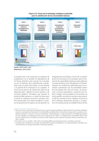 ARMADO_PLAN_BUEN_VIVIR      12/24/09     2:00 AM     Page 96




                                            Figura 5.2: Fases de la estrategia endógena sostenible
                                               para la satisfacción de las necesidades básicas




                 Fuente: SENPLADES, 2009.
                 Elaboración: SENPLADES.




                 La primera fase es de transición en términos de                  desagregación tecnológica a través de su transfe-
                 acumulación en el sentido de dependencia de                      rencia, la inversión en el extranjero para la for-
                 los bienes primarios para sostener la economía;                  mación de capacidades humanas (especialmente
                 no así, en términos de re-distribución, conside-                 en ciencias básicas y bio-disciplinas) y el fortale-
                 rada como el centro del cambio en este período                   cimiento de condiciones adecuadas para el eco-
                 y en general de la estrategia en su conjunto. A                  turismo comunitario son las prioridades dentro
                 través de un proceso de sustitución selectiva de                 de esta primera fase. En este marco, la protec-
                 importaciones39, impulso al sector turístico y de                ción a sectores generadores e intensivos en tra-
                 inversión pública40 estratégica que fomente la                   bajo y empleo será prioridad en este período, así
                 productividad sistémica, se sienta las bases para                como aquellos asociados a iniciativas provenien-
                 construir la industria nacional y producir cam-                  tes de la economía social y solidaria, al ejercicio
                 bios sustanciales en la matriz energética41, moto-               de la soberanía alimentaria del país y, en gene-
                 res de generación de riqueza en este período. La                 ral, a la satisfacción de necesidades básicas de los


                 39
                      Para una efectiva sustitución de importaciones se incentivará principalmente el desarrollo de las siguientes industrias
                      nacientes: petroquímica; bioenergía y biocombustibles; metalmecánica; biomedicina, farmacéutica y genéricos; bio-
                      química; hardware y software; y servicios ambientales. Adicionalmente se asigna prioridad a actividades generadoras
                      de valor agregado con importantes efectos en la generación de empleo y la satisfacción de necesidades básicas tales
                      como la construcción (con énfasis en vivienda social), alimentos, pesca artesanal, artesanía, turismo comunitario, tex-
                      tiles y calzado.
                 40
                      Uno de los retos es vincular –sobre todo- la inversión pública necesaria para el país con el ahorro nacional.
                 41
                      La producción, transferencia y consumo de energía debe orientarse radicalmente a ser ambientalmente sostenible a tra-
                      vés del fomento de energías renovables y eficiencia energética.



                 96
 