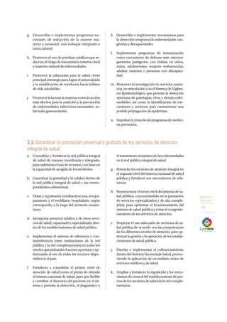 OBJETIVO 3
2013-2017
145
g.	 Desarrollar e implementar programas na-
cionales de reducción de la muerte ma-
terna y neonatal, con enfoque integrado e
intercultural.
h.	 Promover el uso de prácticas médicas que re-
duzcanelriesgodetransmisiónmaterno-fetal
ymaterno-infantildeenfermedades.
i.	 Promover la educación para la salud como
principalestrategiaparalograrelautocuidado
y la modificación de conductas hacia hábitos
devidasaludables.
j.	 Promoverlalactanciamaternacomolaacción
más efectiva para la nutrición y la prevención
de enfermedades infecciosas neonatales, so-
bretodogastroenteritis.
k.	 Desarrollar e implementar mecanismos para
la detección temprana de enfermedades con-
génitasydiscapacidades.
l.	 Implementar programas de inmunización
como mecanismo de defensa ante microor-
ganismos patógenos, con énfasis en niños,
niñas, adolescentes, mujeres embarazadas,
adultos mayores y personas con discapaci-
dad.
m.	 Promover la investigación en servicios sanita-
rios,enarticulaciónconelSistemadeVigilan-
cia Epidemiológica, que permita la detección
oportuna de patologías, virus y demás enfer-
medades, así como la identificación de me-
canismos y acciones para contrarrestar una
posiblepropagacióndeepidemias.
n.	 Impulsarlacreacióndeprogramasdemedici-
napreventiva.
3.3.Garantizar la prestación universal y gratuita de los servicios de atención
integral de salud
a.	 Consolidar y fortalecer la red pública integral
de salud de manera coordinada e integrada,
paraoptimizarelusoderecursos,conbaseen
lacapacidaddeacogidadelosterritorios.
b.	 Garantizar la gratuidad y la calidad dentro de
la red pública integral de salud y sus corres-
pondientessubsistemas.
c.	 Dotar y repotenciar la infraestructura, el equi-
pamiento y el mobiliario hospitalario, según
corresponda, a lo largo del territorio ecuato-
riano.
d.	 Incorporar personal médico y de otros servi-
ciosdesalud,capacitadoyespecializado,den-
trodelosestablecimientosdesaludpública.
e.	 Implementar el sistema de referencia y con-
trarreferencia entre instituciones de la red
pública y la red complementaria en todos los
niveles,garantizandoelaccesooportunoyop-
timizando el uso de todos los recursos dispo-
niblesenelpaís.
f.	 Fortalecer y consolidar el primer nivel de
atención de salud como el punto de entrada
al sistema nacional de salud, para que facilite
y coordine el itinerario del paciente en el sis-
tema y permita la detección, el diagnóstico y
el tratamiento temprano de las enfermedades
enlaredpúblicaintegraldesalud.
g.	 Potenciar los servicios de atención integral en
elsegundoniveldelsistemanacionaldesalud
pública y fortalecer sus mecanismos de refe-
rencia.
h.	 Reestructurar el tercer nivel del sistema de sa-
lud pública, concentrándolo en la prestación
de servicios especializados y de alta comple-
jidad, para optimizar el funcionamiento del
sistema de salud pública y evitar el congestio-
namientodelosserviciosdeatención.
i.	 Propiciar el uso adecuado de servicios de sa-
lud pública de acuerdo con las competencias
de los diferentes niveles de atención, para op-
timizarlagestiónylaoperacióndelosestable-
cimientosdesaludpública.
j.	 Diseñar e implementar el cofinanciamiento
dentrodelSistemaNacionaldeSalud,promo-
viendo la aplicación de un tarifario único de
serviciosmédicosydesalud.
k.	 Ampliar y fortalecer la regulación y los meca-
nismos de control del establecimiento de pre-
ciosdelosserviciosdesaluddelaredcomple-
mentaria.
 