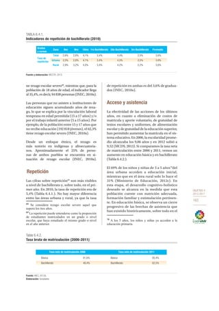 OBJETIVO 4
2013-2017
163
ne rezago escolar severo68
, mientras que, para la
población de 18 años de edad, el indicador llega
al 35,4%, es decir, 94 838 personas (INEC, 2010a).
Las personas que no asisten a instituciones de
educación siguen acumulando años de reza-
go, lo que se explica por la vinculación laboral
temprana en edad permitida (15 a 17 años) y/o
por el trabajo infantil anterior (5 a 15 años). Por
ejemplo, de la población entre 15 y 17 años que
no recibe educación (192 818 jóvenes), el 62,3%
tiene rezago escolar severo (INEC, 2010a).
Desde un enfoque étnico, el rezago es
más notorio en indígenas y afroecuatoria-
nos. Aproximadamente el 25% de perso-
nas de ambos pueblos se encuentra en si-
tuación de rezago escolar (INEC, 2010a).
Repetición
Las cifras sobre repetición69
son más visibles
a nivel de bachillerato y, sobre todo, en el pri-
mer año. En 2010, la tasa de repetición era de
5,4% (Tabla 6.4.1.). No hay mayor diferencia
entre las áreas urbana y rural, ya que la tasa
68
Se considera rezago escolar severo aquel que
supera los tres años.
69
La repetición puede entenderse como la proporción
de estudiantes matriculados en un grado o nivel
escolar, que haya estudiado el mismo grado o nivel
en el año anterior.
de repetición en ambas es del 3,6% de gradua-
dos (INEC, 2010a).
Acceso y asistencia
La efectividad de las acciones de los últimos
años, en cuanto a eliminación de costos de
matrícula y aporte voluntario, de gratuidad de
textos escolares y uniformes, de alimentación
escolar y de gratuidad de la educación superior,
han permitido aumentar la matrícula en el sis-
tema educativo. En 2006, la escolaridad prome-
dio alcanzaba los 9,06 años y en 2012 subió a
9,52 (MCDS, 2013). Si comparamos la tasa neta
de matriculación entre 2006 y 2011, vemos un
aumento en educación básica y en bachillerato
(Tabla 6.4.2.).
El 69% de los niños y niñas de 3 a 5 años70
del
área urbana acceden a educación inicial,
mientras que en el área rural solo lo hace el
31% (Ministerio de Educación, 2012c). En
esta etapa, el desarrollo cognitivo-holístico
deseado se alcanza en la medida que esta
población cuente con nutrición adecuada,
formación familiar y estimulación pertinen-
te. En educación básica, se observa un cierre
progresivo de las brechas de asistencia que
han existido históricamente, sobre todo en el
70
A los 5 años, los niños y niñas ya acceden a la
educación primaria.
Total 2,6% 2,8% 4,1% 5,4% 4,4% 2,5% 3,6%
Urbana 2,5% 2,8% 4,1% 5,4% 4,5% 2,5% 3,6%
Rural 2,9% 3,2% 4,0% 5,4% 4,2% 2,2% 3,6%
Tasa de
repetición
TABLA 6.4.1.
Indicadores de repetición de bachillerato (2010)
Fuente y elaboración: MCCTH, 2013.
Grados
y cursos
Zona 8vo 9no 10mo 1ro Bachillerato 2do Bachillerato 3ro Bachillerato Promedio
Tabla 6.4.2.
Tasa bruta de matriculación (2006-2011)
Fuente: INEC, 2012b.
Elaboración: Senplades.
Básica 91,6% Básica 95,4%
Bachillerato 48,4% Bachillerato 62,5%
Tasa neta de matriculación 2006 Tasa neta de matriculación 2011
 
