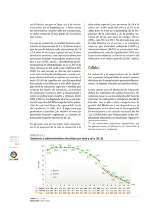 OBJETIVO 4
2013-2017
164
nivel básico, en que se llega casi a la univer-
salización. En el bachillerato, si bien existe
un incremento considerable en la matrícula,
se debe remarcar el alto grado de deserción
que existe.
La tasa de asistencia, a establecimientos edu-
cativos, en las personas de 5 a 12 años es mayor
que la tasa de asistencia de las personas de 13
a 24 años; es decir que a partir de los 13 años
de edad se evidencia una importante deserción
tanto para hombres cuanto para mujeres (Grá-
fico 6.4.2.) (INEC, 2010a). El coeficiente de efi-
ciencia final en el bachillerato es de 71,0% en la
zona urbana y 67,6% en la zona rural (MCCTH,
2013). En este período se observa que la matrí-
cula, tanto de hombres indígenas como de mu-
jeres afroecuatorianas, es menor en relación al
resto. El 19% de la población con discapacidad
ha cursado el bachillerato, y solo el 8% tiene al-
gún nivel de educación superior. A medida que
avanzan los niveles de educación, las brechas
de asistencia crecen por etnia y discapacidad y
entre las poblaciones rurales y urbanas. Entre
2006 y 2012 se ha duplicado el acceso a la edu-
cación superior del 40% más pobre de la pobla-
ción, lo cual contribuye a la ruptura del círculo
de la pobreza. En 2012, 14 118 aspirantes que
pertenecen a familias que reciben el bono de
desarrollo humano ingresaron al Sistema de
Educación Superior (Senescyt, 2012).
En general, uno de los logros más importan-
tes es el aumento de la tasa de asistencia a la
educación superior (para personas de 18 a 24
años), de 13,54% en el año 2001 a 22,6% en el
2010. Esto es fruto de la gratuidad, de la am-
pliación de la cobertura y de la política na-
cional de becas, que pasó de otorgar 100 en
2006 a dar 2694 en 2012. No obstante, hay una
brecha histórica en el acceso a la educación
superior por etnicidad: indígenas (10,8%) y
afroecuatorianos (16,7%) se encuentran reza-
gados frente al resto de la población (31%), aun
cuando se evidencia un fuerte incremento del
indicador en el último período (INEC, 2010a).
Calidad
La evaluación y el aseguramiento de la calidad
son requisitos indispensables de todo el proceso
deformación.Estosprincipiosgarantizanlaperti-
nenciadelaofertaeducativaentodoslosniveles.
Como primer paso, el Ministerio de Educación
define los estándares de calidad educativa. Un
segundo paso es la consolidación del Sistema
Nacional de Evaluación y Rendición Social de
Cuentas, que evalúa cuatro componentes: la
gestión del Ministerio y sus dependencias, el
desempeño de los docentes, el desempeño de
los estudiantes y el currículo nacional. De los
220 658 docentes que forman parte de las ins-
tituciones educativas escolarizadas regulares71
71
Las instituciones educativas regularizadas son
las pertenecientes al Ministerio de Educación, y
fueron sujetas a la evaluación.
GRÁFICO 6.4.2.
Asistencia a establecimientos educativos por edad y sexo (2010)
Fuente: INEC, 2010a.
Elaboración: UASB; Ceplaes.
Mujeres
Hombres
Total
5 6 7 8 9 10 11 12 13 14 15 16 17 18 19 20 21 22 23 24
Mujeres 91,6 95,8 96,9 97,3 97,4 96,8 96,3 93,7 90,5 86,6 81,0 76,3 68,3 53,4 48,1 41,4 38,1 33,4 27,8 23,4
Hombres 91,0 95,4 96,6 96,9 97,0 96,4 96,1 93,6 90,3 86,3 81,4 77,2 69,1 52,6 44,7 37,0 34,2 30,2 26,3 22,5
Total 91,3 95,6 96,8 97,1 97,2 96,6 96,2 93,7 90,4 86,5 81,2 76,7 68,7 53,0 46,4 39,2 36,2 31,8 27,1 22,9
91,3
95,6
96,8
97,1
97,2
96,6
96,2
93,7
90,4
86,5
81,2
76,7
68,7
53,0
46,4 39,2
36,2
31,8
27,1
22,9
20
30
40
50
60
70
80
90
100
Porcentaje
Edad
 
