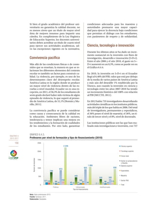 OBJETIVO 4
2013-2017
166
Si bien el grado académico del profesor uni-
versitario no garantiza la calidad docente, no
es menos cierto que un título de mayor nivel
dota de mejores insumos para impartir una
cátedra. En cumplimiento de la Ley Orgánica
de Educación Superior, los docentes universi-
tarios deben acreditar un título de cuarto nivel
para ejercer sus actividades académicas, sal-
vo las excepciones vigentes en la normativa.
Convivencia pacífica
Más allá de las condiciones físicas o de conte-
nidos que se enseñan, la manera en que se re-
lacionan los diferentes elementos del contexto
escolar es también un factor para construir ca-
lidad. La violencia, por ejemplo, es uno de los
determinantes clave del desempeño escolar.
América Latina es la región donde se produce
un mayor nivel de violencia dentro de las es-
cuelas a nivel mundial. Ecuador no es una ex-
cepción, en 2011, el 56,3% de los estudiantes de
sexto grado declaró haber sido víctima de algún
episodio de violencia, lo que superó al prome-
dio de América Latina, de 51,1% (Román y Mu-
rillo, 2011).
La convivencia pacífica se puede considerar
como causa y consecuencia de la calidad en
la educación. Ambientes libres de racismo,
intolerancia y temor implican una mejora en
los rendimientos y la formación de cualidades
de los estudiantes. Por otro lado, garantizar
condiciones adecuadas para los maestros y
autoridades promueve una mayor capaci-
dad para ejercer la docencia bajo condiciones
que permitan el diálogo con los estudiantes,
con parámetros de respeto y de solidaridad.
Ciencia, tecnología e innovación
Durante los últimos años se ha dado un incre-
mento sustancial en la inversión con fines de
investigación, desarrollo e innovación (I+D+i).
Entre el año 2006 y el año 2010, el gasto en I+-
D+i aumentó en un 0,3%, como se puede ver en
el Gráfico 6.4.4.
En 2010, la inversión en I+D+i en el Ecuador
llegó al 0,48% del PIB, valor que está por debajo
de la media de varios países de América Latina
y más aún del deseable 1% establecido por la
Unesco, aun cuando la inversión en ciencia y
tecnología entre los años 2007-2010 ha tenido
un incremento histórico del 108% con relación
al PIB (MCCTH, 2011).
En 2012 había 735 investigadores desarrollando
actividades científicas en los institutos públicos,
más del triple de los que había en 2006. Del total
de investigadores, permanentes y esporádicos,
el 36% posee el nivel de maestría; el 36%, un tí-
tulo de tercer nivel y el 8%, nivel de doctorado.
Las instituciones públicas son las que han rea-
lizado más investigaciones e inversión, con 737
GRÁFICO 6.4.3.
Profesores por nivel de formación y tipo de financiamiento (2010)
Nota: Datos preliminares 2010.
Fuente: Senescyt, 2011.
Elaboración: Senplades.
0
500
1000
1500
2000
2500
Públicas Cofinanciadas Autofinanciadas
Númerodedocentes
Tipo de ﬁnanciamiento
Técnico superior
Tecnólogo superior
Tercer nivel
Doctor en jurisprudencia
o ﬁlosofía
Diploma superior
Especialista
Maestría
Doctor PHD
Total
749
137
440
45 2 1 3315
335
3 51 27 97
9
99
105
98
873
925
345
44
2 230
1 068
938
193
125 115
 
