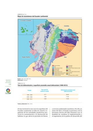 OBJETIVO 7
2013-2017
228
GRÁFICO 6.7.4.
Mapa de ecosistemas del Ecuador continental
Fuente: MAE, 2013f; IGM, 2012.
Elaboración: Senplades.
"
"
"
"
"
"
"
"
"
"
"
"
"
"
"
"
"
"
"
"
"
"
TENA
PUYO
LOJA
MACAS
CUENCA
IBARRA
TULCÁN
AMBATO
ZAMORA
AZOGUES
MACHALA
RIOBAMBA
GUARANDA
BABAHOYO
LATACUNGA
GUAYAQUIL
ESMERALDAS
PORTOVIEJO
SANTA ELENA
SANTO DOMINGO
NUEVA LOJA (LAGO AGRIO)
PUERTO FRANCISCO DE ORELLANA(EL COCA)
Archipiélago de Galápagos
Colombia
PerúOcéano Pacífico
Abanico del Pastaza
Agua
Aguarico-Putumayo-Caquetá
Catamayo-Alamor
Chocó Ecuatorial
Cordillera Costera del Chocó
Cordillera Costera del Pacífico Ecuatorial
Cordillera Occidental de los Andes
Cordilleras Amazónicas
Jama-Zapotillo
Napo-Curaray
Norte de la Cordillera Oriental de los Andes
Páramo
Sin sector
Sur de la Cordillera Oriental de los Andes
Tigre-Pastaza
Valles
Área antrópica (cultivos y ciudades)
TABLA 6.7.4.
Tasa de deforestación y superficie promedio anual deforestada (1990-2012)
Fuente y elaboración: MAE, 2013b
1990 - 2000 -0,71 89,90
2000 - 2008 -0,66 77,60
2008 - 2012 -0,60 74,40
Periodo Deforestación promedio anual
(miles de ha/año)
Tasa anual de
cambio (% anual)
El mar territorial es tres veces la superficie del
Ecuador continental. La falta de control y re-
gulación de las actividades productivas pro-
vocan la contaminación y la destrucción de
hábitats, lo que afecta la provisión de bienes
y servicios ambientales marítimos. Por ello, en
enero del 2012, el Estado ecuatoriano creó la
Secretaría Técnica del Mar (Setemar) con, la
finalidad de coordinar la implementación y
el seguimiento de la política de desarrollo del
 