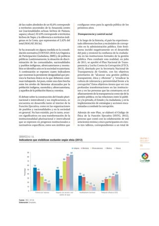 OBJETIVO 1
2013-2017
95
de las cuales alrededor de un 92,6% corresponde
a territorios ancestrales de la Amazonía centro
sur (nacionalidades achuar, kichwa de Pastaza,
sapara y shuar). El 4,9% corresponde a territorios
kichwa de Napo, y la diferencia a territorios indí-
genas en la Costa, que representan el 2,42% del
total (MAGAP, 2013a).
Se ha avanzado en alguna medida en la consoli-
dación normativa (COOTAD, 2010; Ley Orgánica
de Participación Ciudadana, 2009) y de políticas
públicas. Lastimosamente, la situación de discri-
minación de las comunidades, nacionalidades
y pueblos indígenas, afroecuatorianos y montu-
biosseidentificaaúnenlasociedadecuatoriana.
A continuación se exponen cuatro indicadores
que muestran la persistente desigualdad que pro-
voca la fractura étnica en la que debemos conti-
nuar trabajando. Así pues, existe una clara brecha
entre los niveles de bienestar alcanzados por la
población indígena, montubia y afroecuatoriana,
yaquellosdelapoblaciónblancaymestiza.
El debate sobre la construcción del Estado pluri-
nacional e intercultural y sus implicaciones, se
encuentra en desarrollo tanto al interior de la
Función Ejecutiva, como en las organizaciones
de pueblos y nacionalidades y en la sociedad
en general. No han existido, por lo tanto, avan-
ces significativos en una transformación de la
institucionalidad plurinacional e intercultural
que se expresen en progresos institucionales o
normativos específicos; estos son ámbitos que
configuran retos para la agenda pública de los
próximos años.
Transparencia y control social
A lo largo de la historia, el país ha experimen-
tado diferentes hechos y escándalos de corrup-
ción en la administración pública. Este fenó-
meno incidió negativamente en el desarrollo
del país y erosionó la confianza de la ciudada-
nía en las instituciones formales de la gestión
pública. Para combatir esta realidad, en julio
de 2011, se aprobó el Plan Nacional de Trans-
parencia y Lucha Contra la Corrupción (FTCS,
2013), diseñado por la Secretaría Nacional de
Transparencia de Gestión, con los objetivos
prioritarios de “alcanzar una gestión pública
transparente, ética y eficiente” y “erradicar la
cultura de tolerancia y permisividad frente a la
corrupción”. Estos objetivos tienen que ver con
profundas transformaciones en las institucio-
nes y en las personas que las construyen; en el
afianzamientodelatransparenciacomoejedela
gestión pública; en las relaciones entre lo públi-
co y lo privado, el Estado y la ciudadanía; y en la
implementación de estrategias y acciones enca-
minadas a combatir la corrupción.
Además de este Plan, se elaboró el Código de
Ética de la Función Ejecutiva (SNTG, 2012),
proceso que contó con la colaboración de mil
seiscientos treinta y cinco participantes en cien-
to tres talleres, correspondientes a un total de
54
49
35
18
45
28
32
27
33
69
15
28
20
80
12
34
17
84
8
38
0
10
20
30
40
50
60
70
80
90
Pobreza por ingresos Hogares con acceso a red
pública de agua
Analfabetismo funcional Población aﬁliada al IESS
Porcentaje
GRÁFICO 6.1.6.
Indicadores que visibilizan exclusión según etnia (2012)
Fuente: INEC, 2012b.
Elaboración: Senplades.
Indígena Montubia Afroecuatoriana Mestiza Blanca
 