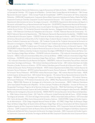 Mi Plan es la Educación
plan nacional decenal de educación 2016 - 2026
74
Privada, Confederación Nacional de Federaciones y Ligas de Asociaciones de Padres de Familia – CONFENALPADRES, Conferen-
cia Episcopal de Colombia – CEC, Congreso de la República - Comisión Sexta, Consejo Nacional de Acreditación – CNA, Consejo
Nacional de Educación Superior – CESU, Consejo Privado de Competitividad – COMPITE, Conservatorio del Tolima, Cooperativa
Multiactiva – COOMULSAP, Corpoeducación, Corporación Alianza Global, Corporación Colombiana de Padres y Madres Red PaPaz,
Corporación Enseña por Colombia, Corporación Escuela Empresarial de Educación – EEE, Corporación Universitaria – UNITEC,
Departamento Administrativo de Ciencia, Tecnología e Innovación – COLCIENCIAS, Departamento Administrativo del Deporte, la
Recreación, la Actividad Física y el Aprovechamiento del Tiempo Libre – COLDEPORTES, Departamento Nacional de Planeación –
DNP, Dividiendo Por Colombia, Escuela Artes y Letras, Escuela Superior Tecnológica de Artes Débora Arango, Escuela Tecnológica
Instituto Técnico Central – ITC, Facultad de Educación Universidad Javeriana - Pedagogía Infantil, Federación Colombiana de Mu-
nicipios – FCM, Federación Colombiana de Trabajadores de la Educación – FECODE, Federación Nacional de Comerciantes – FE-
NALCO, Federación Nacional de Departamentos – FND, Federación Nacional de Representantes Estudiantiles – FENARES, Fondo
de Desarrollo de la Educación Superior – FODESEP, Fondo de las Naciones Unidas para la Infancia – UNICEF, Foro Permanente
de Ciencia y Educación para el Desarrollo y la Paz, Fundación Argos, Fundación Bavaria, Fundación Concern Universal, Fundación
Corona, Fundación Empresarios por la Educación – EXE, Fundación Escuelas de Paz, Fundación Internacional de Formación en
Educación, la investigación y Tecnología – FUNIFELT, Fundación Luker, Fundación para el Desarrollo de la Radioastronomía y las
ciencias aplicadas – FUDARTA, Fundación para el Fomento del Trabajo, el Desarrollo Humano y la Educación Superior – FUN-
DESUPERIOR, Fundación Pasos de Paz, Fundación Revista de Educación en Ciencias, Fundación Tecnológica Autónoma de Bogotá
– FABA, Fundación Telefónica Colombia, Fundación Universitaria Tecnológico COMFENALCO, IE Nuestra Señora del Palmar, Insti-
tución Tecnológica Colegio Mayor de Bolívar – COLMAYOR, Institución Universitaria – ITSA, Institución Universitaria Antonio José
Camacho – UNIAJC, Institución Universitaria Bellas Artes y Ciencias de Bolívar – UNIBAC, Institución Universitaria Colegio Mayor
de Antioquia – COLMAYOR, Institución Universitaria Colegio Mayor del Cauca – UNIMAYOR, Institución Universitaria de Envigado
– IUE, Institución Universitaria Escuela Nacional Del Deporte – ENDEPORTE, Institución Universitaria Pascual Bravo, Institución
Universitaria Tecnológico de Antioquia – TDA, Instituto Colombiano de Bienestar Familiar – ICBF, Instituto Colombiano de Crédito
Educativo y Estudios Técnicos en el Exterior – ICETEX, Instituto Colombiano para el Fomento de la Educación Superior – ICFES,
Instituto de Educación Técnica Profesional de Roldanillo – INTEP, Instituto Departamental de Bellas Artes, Instituto Nacional de
Formación Técnica Profesional – INFOTEP, Instituto Nacional de Formación Técnica Profesional – INFOTEPHVG, Instituto Nacional
de Formación Técnica Profesional – INFOTEPSAI, Instituto Nacional para Ciegos – INCI, Instituto Nacional Para Sordos – INSOR,
Instituto Superior de Educación Rural – ISER, Instituto Técnico Agrícola – ITA, Instituto Técnico Nacional de Comercio Simón Ro-
dríguez – INTENALCO, Instituto Tecnológico del Putumayo – ITP, Instituto Tecnológico Metropolitano – ITM, Instituto Tolimense
de Formación Profesional – IFTIP, Instituto Universitario de La Paz – UNIPAZ, Mesa Nacional de Educación Privada, Ministerio de
Cultura – MINCULTURA, Ministerio de Tecnologías de la Información y las Comunicaciones – MINTIC, Politécnico Colombiano
Jaime Isaza Cadavid, Presidencia de la República - De Cero a Siempre, Presidencia de la República - Inclusión de Personas con
Discapacidad, Proantioquia, Programa de las Naciones Unidas para el Desarrollo – PNUD, Red Colombiana de Posgrados – RCP,
Red de Instituciones de Educación Superior del Caribe Colombiano – RIESCAR, Red de Investigación sobre Desarrollo - ARKEBIOS
Red Nacional de Investigación y Educación de Colombia – RENATA, REDTTU, Semana Educación, Servicio Nacional de Aprendiza-
je – SENA, Sistema Universitario Estatal – SUE, Todos Por La Educación, Unidad Central del Valle del Cauca – UCEVA, Unidades
Tecnológicas de Santander – UTS, Unión de Colegios Internacionales – UNCOLI, Universidad Católica de Pereira – UCP, Universidad
ECCI, Centro de Educación Militar, Centro Educacional de Cómputos y Sistemas – CEDESISTEMAS, Colegio de Estudios Superio-
res de Administración – CESA, Colegio Integrado Nacional Oriente de Caldas – IES CINOC, Colegio Mayor de Antioquia, Colegio
Mayor de Bolívar, Colegio Mayor de Nuestra Señora del Rosario, Colegio Mayor del Cauca, Conservatorio del Tolima, Corporación
Academia Superior de Artes, Corporación Academia Tecnológica de Colombia – ATEC, Corporación Centro de Estudios Artísticos
y Técnicos – CEART, Corporación Centro de Nuestra Señora de las Mercedes, Corporación Colegiatura Colombiana, Corporación
de Educación del Norte del Tolima, Corporación de Educación Tecnológica Colsubsidio – EADS, Corporación de Estudios Superio-
res Salamandra, Corporación de Estudios Tecnológicos del Norte del Valle, Corporación Educativa del Litoral, Corporación Educa-
 