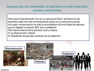 Causas por no consolidar el petróleo en una inversión
                social y económica

  Un país inmensamente rico en su estructura físico- territorial se fue
                          Desnutrición
  haciendo cada vez más inmensamente pobre en su estructura social.
  La peor consecuencia ha sido la acumulación de una franja de pobreza
  que ha llegado a superar 80% de su población.            Población
  El drama interno de la pobreza rural y urbana.
   La Desnutrición infantil.
   Desaliento de grandes sectores de la población




Discriminación

                                                    Población


                          Pobreza
 