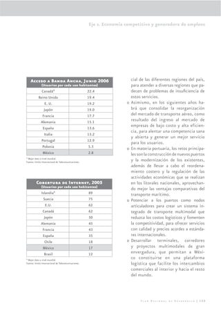 Eje 2. Economía competitiva y generadora de empleos




   Acceso a Banda Ancha, Junio 2006                                      cial de las diferentes regiones del país,
              (Usuarios por cada 100 habitantes)                         para atender a diversas regiones que pa-
             Canadá*                                 22.4                decen de problemas de insuﬁciencia de
           Reino Unido                               19.4                estos servicios.
               E. U.                                 19.2            o   Asimismo, en los siguientes años ha-
               Japón                                 19.0                brá que consolidar la reorganización
             Francia                                 17.7                del mercado de transporte aéreo, como
            Alemania                                 15.1
                                                                         resultado del ingreso al mercado de
                                                                         empresas de bajo costo y alta eficien-
              España                                 13.6
                                                                         cia, para alentar una competencia sana
               Italia                                13.2
                                                                         y abierta y generar un mejor servicio
             Portugal                                12.9
                                                                         para los usuarios.
             Polonia                                  5.3            o   En materia portuaria, los retos principa-
              México                                  2.8                les son la construcción de nuevos puertos
* Mejor dato a nivel mundial.
Fuente: Unión Internacional de Telecomunicaciones.
                                                                         y la modernización de los existentes,
                                                                         además de llevar a cabo el reordena-
                                                                         miento costero y la regulación de las
                                                                         actividades económicas que se realizan
         Cobertura de Internet, 2005                                     en los litorales nacionales, aprovechan-
              (Usuarios por cada 100 habitantes)
                                                                         do mejor las ventajas comparativas del
             Islandia*                               89                  transporte marítimo.
              Suecia                                 75              o   Potenciar a los puertos como nodos
                E.U.                                 62                  articuladores para crear un sistema in-
              Canadá                                 62                  tegrado de transporte multimodal que
               Japón                                 50                  reduzca los costos logísticos y fomenten
             Alemania                                45                  la competitividad, para ofrecer servicios
              Francia                                43                  con calidad y precios acordes a estánda-
              España                                 35                  res internacionales.
               Chile                                 18              o   Desarrollar terminales, corredores
              México                                 17                  y proyectos multimodales de gran
               Brasil                                12                  envergadura, que permitan a Méxi-
* Mejor dato a nivel mundial.
                                                                         co constituirse en una plataforma
Fuente: Unión Internacional de Telecomunicaciones.                       logística que facilite los intercambios
                                                                         comerciales al interior y hacia el resto
                                                                         del mundo.




                                                                              Plan Nacional de Desarrollo | 129
 