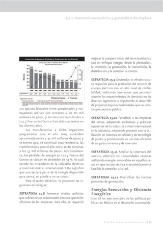 Eje 2. Economía competitiva y generadora de empleos




 Evolución de reservas probadas y producción de gas natural   mejorar la competitividad del servicio eléctrico
                                                              con un enfoque integral desde la planeación,
                                                              la inversión, la generación, la transmisión, la
                                                              distribución y la atención al cliente.

                                                              ESTRATEGIA 15.9 Desarrollar la infraestructu-
                                                              ra requerida para la prestación del servicio de
                                                              energía eléctrica con un alto nivel de conﬁa-
                                                              bilidad, realizando inversiones que permitan
                                                              atender los requerimientos de demanda en los
                                                              diversos segmentos e impulsando el desarrollo
                                                              de proyectos bajo las modalidades que no cons-
sus pasivos laborales entre pensionados y tra-                tituyen servicio público.
bajadores activos son cercanos a los 80 mil
millones de pesos, y los recursos transferidos a              ESTRATEGIA 15.10 Fortalecer a las empresas
Luz y Fuerza del Centro han sido crecientes en                del sector, adoptando estándares y prácticas
los últimos años.                                             operativas de la industria a nivel internacional
     Las transferencias a dicho organismo                     en la industria, mejorando procesos con la uti-
programadas para el año 2007 ascienden                        lización de sistemas de calidad y de tecnología
aproximadamente a 31 mil millones de pesos y                  de punta, y promoviendo un uso más eﬁciente
se estima que, de continuar esta tendencia, las               de su gasto corriente y de inversión.
transferencias para el año 2012, serán cercanas
a los 57 mil millones de pesos. Adicionalmen-                 ESTRATEGIA 15.11 Ampliar la cobertura del
te, las pérdidas de energía en Luz y Fuerza del               servicio eléctrico en comunidades remotas
Centro se ubican en alrededor de 33 %, lo cual                utilizando energías renovables en aquellos ca-
excede los estándares de la industria eléctrica               sos en que no sea técnica o económicamente
a nivel nacional e internacional. Esto signiﬁca               factible la conexión a la red.
que una tercera parte de la energía disponible
para venta, se pierde o no se cobra.                          ESTRATEGIA 15.12 Diversiﬁcar las fuentes
     Para el sector eléctrico, se proponen las si-            primarias de generación.
guientes estrategias:
                                                              Energías Renovables y Eﬁciencia
ESTRATEGIA 15.8 Fomentar niveles tarifarios                   Energética
que cubran costos relacionados con una operación              Uno de los ejes centrales de las políticas pú-
eﬁciente de las empresas. Para ello, se requerirá             blicas de México es el desarrollo sustentable.




                                                                        Plan Nacional de Desarrollo | 133
 