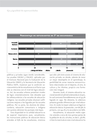Eje 3.Igualdad de oportunidades




                Porcentaje de estudiantes de 3o de secundaria




públicas y privadas sigue siendo considerable.     que sólo 13% tiene acceso al sistema de edu-
Las pruebas EXCALE y ENLACE, aplicadas por         cación privada, en donde, además de tener
el Instituto Nacional para la Evaluación de la     un mejor desempeño en el aprendizaje, la
Educación (INEE) y la Secretaría de Educación      posibilidad de cursar materias extracurricu-
Pública (SEP), muestran que la condición so-       lares relacionadas con el deporte, el arte, la
cioeconómica de los estudiantes es el factor que   cultura y los idiomas, propicia una forma-
más se relaciona con el nivel de logro educati-    ción más integral.
vo. Así, las escuelas urbanas presentan niveles          Durante 2006, el sistema educativo na-
de logro sistemáticamente más elevados que         cional atendió al 73% de la demanda en el país,
las telesecundarias o las escuelas de educación    lo cual contrasta favorablemente con el 59.7%
indígena. Las escuelas privadas alcanzan caliﬁ-    logrado en 1992. No obstante, la cobertura
caciones mejores a las logradas por las escuelas   presenta grandes diferencias por nivel educa-
públicas. Por su parte, los alumnos de telese-     tivo. En 2006, la mayor cobertura se logró en
cundaria, educación comunitaria e indígena         educación básica: la preescolar, con 66.9%; la
son quienes obtienen los puntajes más bajos.       primaria, con 94.1% y la secundaria con 87%.
     Esta disparidad en la calidad educativa es          Actualmente, la educación media supe-
de especial importancia pues, actualmente,         rior atiende a cerca de tres quintas partes de
las instituciones públicas de educación básica     la población de 16 a 18 años, es decir, 58.6%;
atienden al 87% de los estudiantes, mientras       si bien la matrícula en este nivel educativo ha




178 |México
 