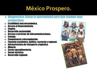

Diagnostico: Existe la oportunidad para que seamos mas
productivos
Estabilidad macroeconómica.
Acceso al financiamiento.
Empleo.
Desarrollo sustentable.
Acceso a servicios de telecomunicaciones.
Energía.
Competencia y desregulación.
Fomento económico, política, sectorial y regional.
Infraestructura de transporte y logística.
Minería.
Sector agroalimentario.
Sector turístico.
Desarrollo regional.

 