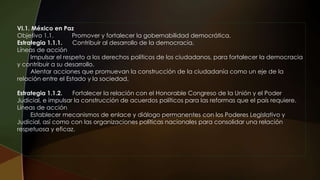 VI.1. México en Paz
Objetivo 1.1. Promover y fortalecer la gobernabilidad democrática.
Estrategia 1.1.1. Contribuir al desarrollo de la democracia.
Líneas de acción
Impulsar el respeto a los derechos políticos de los ciudadanos, para fortalecer la democracia
y contribuir a su desarrollo.
Alentar acciones que promuevan la construcción de la ciudadanía como un eje de la
relación entre el Estado y la sociedad.
Estrategia 1.1.2. Fortalecer la relación con el Honorable Congreso de la Unión y el Poder
Judicial, e impulsar la construcción de acuerdos políticos para las reformas que el país requiere.
Líneas de acción
Establecer mecanismos de enlace y diálogo permanentes con los Poderes Legislativo y
Judicial, así como con las organizaciones políticas nacionales para consolidar una relación
respetuosa y eficaz.
 