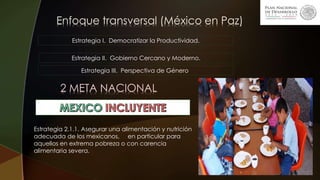 Enfoque transversal (México en Paz)
Estrategia I. Democratizar la Productividad.
Estrategia II. Gobierno Cercano y Moderno.
Estrategia III. Perspectiva de Género.
2 META NACIONAL
Estrategia 2.1.1. Asegurar una alimentación y nutrición
adecuada de los mexicanos, en particular para
aquellos en extrema pobreza o con carencia
alimentaria severa.
 
