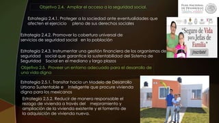 Objetivo 2.4. Ampliar el acceso a la seguridad social.
Estrategia 2.4.1. Proteger a la sociedad ante eventualidades que
afecten el ejercicio pleno de sus derechos sociales.
Estrategia 2.4.2. Promover la cobertura universal de
servicios de seguridad social en la población.
Estrategia 2.4.3. Instrumentar una gestión financiera de los organismos de
seguridad social que garantice la sustentabilidad del Sistema de
Seguridad Social en el mediano y largo plazos.
Objetivo 2.5. Proveer un entorno adecuado para el desarrollo de
una vida digna
Estrategia 2.5.1. Transitar hacia un Modelo de Desarrollo
Urbano Sustentable e Inteligente que procure vivienda
digna para los mexicanos
Estrategia 2.5.2. Reducir de manera responsable el
rezago de vivienda a través del mejoramiento y
ampliación de la vivienda existente y el fomento de
la adquisición de vivienda nueva.
 
