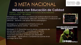 3 META NACIONAL
Objetivo . Desarrollar el potencial humano de los mexicanos
con educación de calidad.
Estrategia 3.1.1. Establecer un sistema de profesionalización docente
que promueva la formación, selección, actualización y evaluación del
personal docente y de apoyo técnico-pedagógico.
Estrategia 3.1.2. Modernizar la infraestructura y el
equipamiento de los centros educativos.
Estrategia 3.1.3. Garantizar que los planes y programas de
estudio sean pertinentes y contribuyan a que los
estudiantes puedan avanzar exitosamente en su
trayectoria educativa, al tiempo que desarrollen
aprendizajes significativos y competencias que les sirvan
a lo largo de la vida.
 
