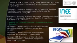 Estrategia 3.1.4. Promover la incorporación de las nuevas tecnologías
de la información y comunicación en el proceso de enseñanza
aprendizaje.
Estrategia 3.1.5. Disminuir el abandono escolar, mejorar la eficiencia
terminal en cada nivel educativo y aumentar las tasas de
transición entre un nivel y otro.
Estrategia 3.1.6. Impulsar un Sistema Nacional de Evaluación que ordene,
articule y racionalice los elementos y ejercicios de medición y
evaluación de la educación.
Objetivo 3.2. Garantizar la inclusión y la equidad en el Sistema
Educativo
Estrategia 3.2.1. Ampliar las oportunidades de acceso a la
educación en todas las regiones y sectores de la
población.
Estrategia 3.2.2. Ampliar los apoyos a niños y jóvenes
en situación de desventaja o vulnerabilidad.
Estrategia 3.2.3. Crear nuevos servicios educativos,
ampliar los existentes y aprovechar la capacidad
instalada de los planteles.
 