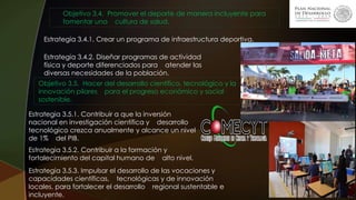 Objetivo 3.4. Promover el deporte de manera incluyente para
fomentar una cultura de salud.
Estrategia 3.4.1. Crear un programa de infraestructura deportiva.
Estrategia 3.4.2. Diseñar programas de actividad
física y deporte diferenciados para atender las
diversas necesidades de la población.
Objetivo 3.5. Hacer del desarrollo científico, tecnológico y la
innovación pilares para el progreso económico y social
sostenible.
Estrategia 3.5.1. Contribuir a que la inversión
nacional en investigación científica y desarrollo
tecnológico crezca anualmente y alcance un nivel
de 1% del PIB.
Estrategia 3.5.2. Contribuir a la formación y
fortalecimiento del capital humano de alto nivel.
Estrategia 3.5.3. Impulsar el desarrollo de las vocaciones y
capacidades científicas, tecnológicas y de innovación
locales, para fortalecer el desarrollo regional sustentable e
incluyente.
 