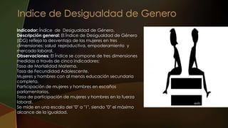 Indicador: Índice de Desigualdad de Género.
Descripción general: El Índice de Desigualdad de Género
(IDG) refleja la desventaja de las mujeres en tres
dimensiones: salud reproductiva, empoderamiento y
mercado laboral.
Observaciones: El Índice se compone de tres dimensiones
medidas a través de cinco indicadores:
Tasa de Mortalidad Materna.
Tasa de Fecundidad Adolescente.
Mujeres y hombres con al menos educación secundaria
completa.
Participación de mujeres y hombres en escaños
parlamentarios.
Tasa de participación de mujeres y hombres en la fuerza
laboral.
Se mide en una escala del "0" a "1", siendo "0" el máximo
alcance de la igualdad.
 
