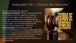 Índice del Estado de Derecho.
Descripción general: Refleja la percepción de
la medida en que los agentes confían y
respetan las reglas de la sociedad, y en
particular la calidad del cumplimiento de
contratos, derechos de propiedad, la policía y
los tribunales, así como la posibilidad de
existencia del crimen y la violencia.
Observaciones: Los Indicadores de
Gobernabilidad son un conjunto de datos que
resumen los puntos de vista sobre la calidad de
la gobernabilidad, proporcionada por un gran
número de encuestados de empresas,
ciudadanos y expertos de países industriales y
en desarrollo.
 