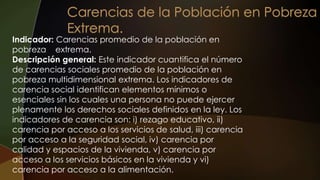 Indicador: Carencias promedio de la población en
pobreza extrema.
Descripción general: Este indicador cuantifica el número
de carencias sociales promedio de la población en
pobreza multidimensional extrema. Los indicadores de
carencia social identifican elementos mínimos o
esenciales sin los cuales una persona no puede ejercer
plenamente los derechos sociales definidos en la ley. Los
indicadores de carencia son: i) rezago educativo, ii)
carencia por acceso a los servicios de salud, iii) carencia
por acceso a la seguridad social, iv) carencia por
calidad y espacios de la vivienda, v) carencia por
acceso a los servicios básicos en la vivienda y vi)
carencia por acceso a la alimentación.
 