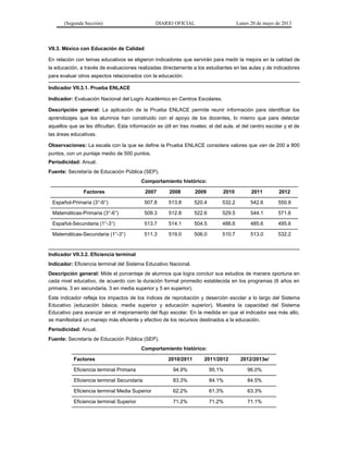(Segunda Sección) DIARIO OFICIAL Lunes 20 de mayo de 2013
VII.3. México con Educación de Calidad
En relación con temas educativos se eligieron indicadores que servirán para medir la mejora en la calidad de
la educación, a través de evaluaciones realizadas directamente a los estudiantes en las aulas y de indicadores
para evaluar otros aspectos relacionados con la educación.
Indicador VII.3.1. Prueba ENLACE
Indicador: Evaluación Nacional del Logro Académico en Centros Escolares.
Descripción general: La aplicación de la Prueba ENLACE permite reunir información para identificar los
aprendizajes que los alumnos han construido con el apoyo de los docentes, lo mismo que para detectar
aquellos que se les dificultan. Esta información es útil en tres niveles: el del aula, el del centro escolar y el de
las áreas educativas.
Observaciones: La escala con la que se define la Prueba ENLACE considera valores que van de 200 a 800
puntos, con un puntaje medio de 500 puntos.
Periodicidad: Anual.
Fuente: Secretaría de Educación Pública (SEP).
Comportamiento histórico:
Factores 2007 2008 2009 2010 2011 2012
Español-Primaria (3°-6°) 507.8 513.8 520.4 532.2 542.6 550.9
Matemáticas-Primaria (3°-6°) 509.3 512.8 522.6 529.5 544.1 571.6
Español-Secundaria (1°-3°) 513.7 514.1 504.5 488.6 485.6 495.6
Matemáticas-Secundaria (1°-3°) 511.3 519.0 506.0 510.7 513.0 532.2
Indicador VII.3.2. Eficiencia terminal
Indicador: Eficiencia terminal del Sistema Educativo Nacional.
Descripción general: Mide el porcentaje de alumnos que logra concluir sus estudios de manera oportuna en
cada nivel educativo, de acuerdo con la duración formal promedio establecida en los programas (6 años en
primaria, 3 en secundaria, 3 en media superior y 5 en superior).
Este indicador refleja los impactos de los índices de reprobación y deserción escolar a lo largo del Sistema
Educativo (educación básica, media superior y educación superior). Muestra la capacidad del Sistema
Educativo para avanzar en el mejoramiento del flujo escolar. En la medida en que el indicador sea más alto,
se manifestará un manejo más eficiente y efectivo de los recursos destinados a la educación.
Periodicidad: Anual.
Fuente: Secretaría de Educación Pública (SEP).
Comportamiento histórico:
Factores 2010/2011 2011/2012 2012/2013e/
Eficiencia terminal Primaria 94.9% 95.1% 96.0%
Eficiencia terminal Secundaria 83.3% 84.1% 84.5%
Eficiencia terminal Media Superior 62.2% 61.3% 63.3%
Eficiencia terminal Superior 71.2% 71.2% 71.1%
 