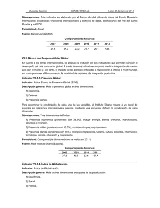 (Segunda Sección) DIARIO OFICIAL Lunes 20 de mayo de 2013
Observaciones: Este indicador es elaborado por el Banco Mundial utilizando datos del Fondo Monetario
Internacional, estadísticas financieras internacionales y archivos de datos, estimaciones del PIB del Banco
Mundial y la OCDE.
Periodicidad: Anual.
Fuente: Banco Mundial (BM).
Comportamiento histórico:
2007 2008 2009 2010 2011 2012
21.8 21.0 23.2 24.7 26.1 N.D.
VII.5. México con Responsabilidad Global
En cuanto a los temas internacionales, se propuso la inclusión de dos indicadores que permitan conocer el
desempeño del país como actor global. A través de estos indicadores se podrá medir la integración de nuestro
país con el mundo y, por tanto, el impacto de las políticas enfocadas a reposicionar a México a nivel mundial,
así como promover el libre comercio, la movilidad de capitales y la integración productiva.
Indicador VII.5.1. Presencia Global
Indicador: Índice Elcano de Presencia Global (IEPG).
Descripción general: Mide la presencia global en tres dimensiones:
1) Economía.
2) Defensa.
3) Presencia blanda.
Para determinar la ponderación de cada una de las variables, el Instituto Elcano recurre a un panel de
expertos en relaciones internacionales quienes, mediante una encuesta, definen la ponderación de cada
dimensión.
Observaciones: Tres dimensiones del Índice:
1) Presencia económica (ponderada con 38.5%), incluye energía, bienes primarios, manufacturas,
servicios e inversión.
2) Presencia militar (ponderada con 15.5%), considera tropas y equipamiento.
3) Presencia blanda (ponderada con 46%), incorpora migraciones, turismo, cultura, deportes, información,
tecnología, ciencia, educación y cooperación.
Periodicidad: Quinquenal (la última medición se realizó en 2011).
Fuente: Real Instituto Elcano (España).
Comportamiento histórico:
2000 2005 2010 2011
37.8 49.5 52.6 61.4
Indicador VII.5.2. Índice de Globalización
Indicador: Índice de Globalización.
Descripción general: Mide las tres dimensiones principales de la globalización:
1) Económica.
2) Social.
3) Política.
 