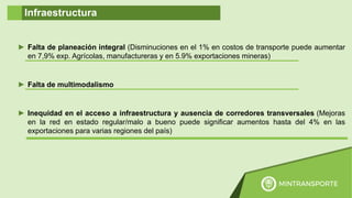 ► Falta de planeación integral (Disminuciones en el 1% en costos de transporte puede aumentar
en 7,9% exp. Agrícolas, manufactureras y en 5.9% exportaciones mineras)
► Falta de multimodalismo
► Inequidad en el acceso a infraestructura y ausencia de corredores transversales (Mejoras
en la red en estado regular/malo a bueno puede significar aumentos hasta del 4% en las
exportaciones para varias regiones del país)
Infraestructura
 