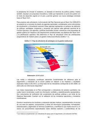 la perspectiva de vincular lo existente y lo deseado en términos de política pública. Implica
también, impulsar una propuesta innovadora y viable que represente un punto de quiebre con
el modo de desarrollo vigente en el país y permita generar una nueva estrategia orientada
hacia el “Buen Vivir”.

Para propiciar esta articulación, la formulación del Plan Nacional para el Buen Vivir 2009-2013
se sustentó en un proceso de diseño de agendas sectoriales, consideradas como instrumentos
de coordinación y concertación sectorial. Estas agendas representan un esfuerzo de definición
de políticas, estrategias, programas y proyectos que ejecuta cada gabinete sectorial de la
Función Ejecutiva. Las agendas y políticas sectoriales brindan coherencia a las propuestas de
gestión pública con respecto a las disposiciones constitucionales, los objetivos del “Buen Vivir”
y la planificación operativa. Ello determina un flujo de articulación entre las orientaciones
programáticas de mediano plazo y la gestión institucional efectiva (Gráfico 1.1).

               Gráfico 1.1: Flujo de articulación de estrategias con la gestión institucional




                   Elaboración: SENPLADES


Las metas e indicadores constituyen elementos fundamentales de referencia para el
seguimiento y evaluación de la acción pública en relación a los impactos y resultados
esperados hasta el año 2013. La línea base de los indicadores corresponde al año 2008 o al
último año con información disponible.2

Las metas incorporadas en el Plan corresponden a indicadores de carácter cuantitativo, las
cuales fueron construidas a partir de información confiable y estadísticamente representativa.
Son instrumentos de verificación del cumplimiento de políticas públicas y por ende de los
Objetivos Nacionales. Cuentan con la validación de los ministerios ejecutores y ministerios
coordinadores.

Construir mecanismos de monitoreo y evaluación del plan implican, necesariamente, el recurso
de una serie de saberes, conocimientos y series de información comparables, formalizadas,
estandarizados y legitimados en términos académicos y científicos lo que implica recurrir a un
acervo de conocimientos especializados sobre distintos sectores y problemáticas de las

2
    Las metas se complementan con indicadores de apoyo para el seguimiento y la evaluación del Plan.

                                                    16
 