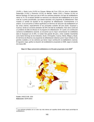 (14.8%), y Santa Lucía (14.5%) en Guayas; Manga del Cura (15%) en zona no delimitada;
Pedernales (13.3%) y Pichincha (12.3%) en Manabí, Taisha (12%) y Tiwintza (12.3%) en
Morona Santiago. En tanto que casi el 40% de cantones presentan una tasa de analfabetismo
menor al 1%. En el estudio también se menciona una reducción del analfabetismo en la zona
rural de 2 puntos porcentuales, que estaría asociada a los programas de alfabetización. Esto
muestra un sentido de equidad en los programas de alfabetización. Contrariamente a lo
anterior, no se encuentra un efecto significativo en términos de reducción del analfabetismo en
las zonas urbanas, especialmente en las principales ciudades del país (Quito, Guayaquil y
Cuenca), donde se concentra alrededor del 20% del total de analfabetos. Esto daría cuenta de
un problema de falta de eficacia en el programa de alfabetización. En cuanto a la contribución
cantonal al analfabetismo nacional, se encuentra que la mayor concentración de analfabetos
esta en Guayaquil con el 25%, la ciudad más grande del país y otras ciudades importantes
como Santo Domingo de los Colorados, Durán, El Empalme, Cuenca, Manta, Milagro y Daule.
En términos de eficiencia, los programas de alfabetización deberían poner mayor énfasis en las
grandes ciudades y en los cantones que tienen mayor contribución al analfabetismo nacional.
El siguiente mapa, grafica la situación del analfabetismo proyectado al 2009, según el estudio
de Unesco-ME.


        Mapa 2.2: Mapa cantonal del analfabetismo en el Ecuador proyectado al año 200967




Fuente: UNESCO-ME. 2009
Elaboración: SENPLADES




67
  Los cantones pintados con un color rojo más intenso son aquellos donde existe mayor porcentaje de
analfabetismo.

                                               165
 
