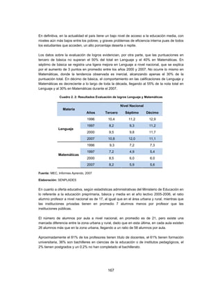 En definitiva, en la actualidad el país tiene un bajo nivel de acceso a la educación media, con
niveles aún más bajos entre los pobres; y graves problemas de eficiencia interna pues de todos
los estudiantes que acceden, un alto porcentaje deserta o repite.

Los datos sobre la evaluación de logros evidencian, por otra parte, que las puntuaciones en
tercero de básica no superan el 50% del total en Lenguaje y el 40% en Matemáticas. En
séptimo de básica se registra una ligera mejora en Lenguaje a nivel nacional, que se explica
por el aumento de 3 puntos en promedio entre los años 2000 y 2007. No ocurre lo mismo en
Matemáticas, donde la tendencia observada es inercial, alcanzando apenas el 30% de la
puntuación total. En décimo de básica, el comportamiento en las calificaciones de Lenguaje y
Matemáticas es decreciente a lo largo de toda la década, llegando al 55% de la nota total en
Lenguaje y al 30% en Matemáticas durante el 2007.

             Cuadro 2. 2: Resultados Evaluación de logros Lenguaje y Matemáticas

                                                     Nivel Nacional
               Materia
                               Años        Tercero      Séptimo       Décimo
                               1996          10,4          11,2         12,9
                               1997           8,2          9,3          11,2
             Lenguaje
                               2000           9,5          9,8          11,7
                               2007          10,8          12,0         11,1
                               1996           9,3          7,2           7,3
                               1997           7,2          4,9           5,4
             Matemáticas
                               2000           8,5          6,0           6,0
                               2007           8,2          5,9           5,6

Fuente: MEC, Informes Aprendo, 2007

Elaboración: SENPLADES


En cuanto a oferta educativa, según estadísticas administrativas del Ministerio de Educación en
lo referente a la educación preprimaria, básica y media en el año lectivo 2005-2006, el ratio
alumno profesor a nivel nacional es de 17, al igual que en el área urbana y rural, mientras que
las instituciones privadas tienen en promedio 7 alumnos menos por profesor que las
instituciones públicas.

El número de alumnos por aula a nivel nacional, en promedio es de 21, pero existe una
marcada diferencia entre la zona urbana y rural, dado que en esta última, en cada aula existen
26 alumnos más que en la zona urbana, llegando a un ratio de 58 alumnos por aula.

Aproximadamente el 81% de los profesores tienen título de docentes, el 61% tienen formación
universitaria, 36% son bachilleres en ciencias de la educación o de institutos pedagógicos, el
2% tienen postgrados y un 0.2% no han completado el bachillerato.




                                             167
 
