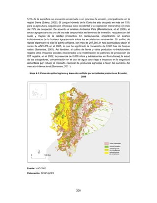 5,3% de la superficie se encuentra erosionada o en proceso de erosión, principalmente en la
región Sierra (Sáenz, 2005). El bosque húmedo de la Costa ha sido ocupado en más del 75%
para la agricultura, seguido por el bosque seco occidental y la vegetación interandina con más
del 70% de ocupación. De acuerdo al Análisis Ambiental País (Mentefactura, et al, 2006), el
sector agropecuario es uno de los más desprovistos en términos de inversión, recuperación del
suelo y mejora de la calidad productiva. En consecuencia, encontramos un avance
indiscriminado de la frontera agropecuaria sobre los ecosistemas remanentes. Un cultivo de
rápida expansión ha sido la palma africana, con más de 207.285,31 has acumuladas según el
censo de ANCUPA en el 2005, lo que ha significado la conversión de 8.000 has de bosque
nativo (Barrantes, 2001). Así también, el cultivo de flores y otros productos no-tradicionales
registra altos impactos sociales relacionados a la modificación de patrones de producción (la
OIT registra, en el 2002, la presencia de 6.000 niños y adolescentes en floricultoras), la salud
de los trabajadores, contaminación en el uso de agua para riego e impactos en la seguridad
alimentaria por reducir el mercado nacional de productos agrícolas a favor del aumento del
mercado internacional (Barrantes, 2001).

  Mapa 4.2: Zonas de aptitud agrícola y áreas de conflicto por actividades productivas, Ecuador,
                                                    2000




Fuente: MAG 2000

Elaboración: SENPLADES




                                              200
 