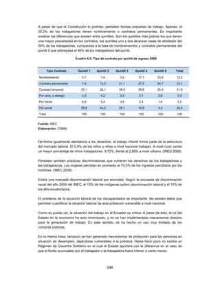 A pesar de que la Constitución lo prohíbe, persisten formas precarias de trabajo. Apenas, el
35,2% de los trabajadores tienen nombramiento o contratos permanentes. Es importante
analizar las diferencias que existen entre quintiles. Son los quintiles más pobres los que tienen
una mayor precariedad en los contratos, los quintiles uno y dos alcanzan tasas de alrededor del
50% de los trabajadores, comparada a la tasa de nombramientos y contratos permanentes del
quintil 5 que sobrepasa el 60% de los trabajadores del quintil.

                         Cuadro 6.5: Tipo de contrato por quintil de ingreso 2008



        Tipo Contrato      Quintil 1   Quintil 2       Quintil 3   Quintil 4   Quintil 5     Total

Nombramiento                 0,7          1,6            3,6         11,1           33,8      12,2

Contrato permanente          7,4          13,5           21,1        27,9           34,7      23,1
Contrato temporal            25,1         32,1           38,9        35,6           25,0      31,8
Por obra, a destajo          4,5          4,2            3,4         3,1            0,8       2,9
Por horas                    6,6          5,4            3,9         2,4            1,4       3,5

Por jornal                   55,8         43,2           29,1        19,9           4,4       26,5
Total                        100          100            100         100            100       100


Fuente: INEC
Elaboración: CISMIL



De forma igualmente atentatoria a los derechos, el trabajo infantil forma parte de la estructura
del mercado laboral. El 5,5% de los niños y niñas a nivel nacional trabajan. A nivel rural, existe
un mayor porcentaje de niños trabajadores: 9,72%, frente al 2,99% a nivel urbano. (INEC 2008)

Persisten también prácticas discriminatorias que vulneran los derechos de los trabajadores y
las trabajadoras. Las mujeres perciben en promedio el 75,5% de los ingresos percibidos por los
hombres. (INEC 2008)

Existe una marcada discriminación laboral por etnicidad. Según la encuesta de discriminación
racial del año 2004 del INEC, el 13% de los indígenas sufren discriminación laboral y el 10% de
los afro-ecuatorianos.

El problema de la situación laboral de los discapacitados es importante. No existen datos que
permitan cuantificar la situación laboral de esta población vulnerable a nivel nacional.

Como se puede ver, la situación del trabajo en el Ecuador es crítica. A pesar de esto, el rol del
Estado en la economía ha sido minimizado, y no se han implementado mecanismos directos
para la generación de trabajo. En este sentido, se ha hecho un uso muy limitado de las
compras públicas.

En la misma línea, tampoco se han generado mecanismos de protección para las personas en
situación de desempleo, dejándolas vulnerables a la pobreza. Hasta hace poco no existía un
Régimen de Cesantía Solidario en el cual el Estado aportara con la diferencia en el caso de
que el fondo acumulado por el trabajador o la trabajadora fuera inferior a cierto monto.



                                                 246
 