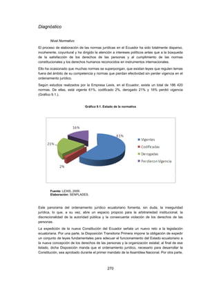 Diagnóstico


       Nivel Normativo
El proceso de elaboración de las normas jurídicas en el Ecuador ha sido totalmente disperso,
incoherente, coyuntural y ha dirigido la atención a intereses políticos antes que a la búsqueda
de la satisfacción de los derechos de las personas y al cumplimiento de las normas
constitucionales y los derechos humanos reconocidos en instrumentos internacionales.
Ello ha ocasionado que muchas normas se superpongan, que existan leyes que regulen temas
fuera del ámbito de su competencia y normas que pierdan efectividad sin perder vigencia en el
ordenamiento jurídico.
Según estudios realizados por la Empresa Lexis, en el Ecuador, existe un total de 186 420
normas. De ellas, está vigente 61%, codificado 2%, derogado 21% y 16% perdió vigencia
(Gráfico 9.1.).


                              Gráfico 9.1. Estado de la normativa




       Fuente: LEXIS, 2009.
       Elaboración: SENPLADES.



Este panorama del ordenamiento jurídico ecuatoriano fomenta, sin duda, la inseguridad
jurídica, lo que, a su vez, abre un espacio propicio para la arbitrariedad institucional, la
discrecionalidad de la autoridad pública y la consecuente violación de los derechos de las
personas.
La expedición de la nueva Constitución del Ecuador señala un nuevo reto a la legislación
ecuatoriana. Por una parte, la Disposición Transitoria Primera impone la obligación de expedir
un conjunto de leyes fundamentales para adecuar el funcionamiento del Estado ecuatoriano a
la nueva concepción de los derechos de las personas y la organización estatal; al final de ese
listado, dicha Disposición manda que el ordenamiento jurídico, necesario para desarrollar la
Constitución, sea aprobado durante el primer mandato de la Asamblea Nacional. Por otra parte,



                                             270
 