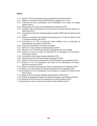 Metas

11.1.1 Reducir a 0,72 la concentración de las exportaciones por producto al 2013.
11.1.2 Obtener un crecimiento de 5% del PIB Industrial no petrolero en el 2013.
11.2.1 Incrementar al 45% la participación de las MIPYMES en los montos de compras
        públicas al 2013.
11.2.2 Desconcentrar el mercado de comercialización de alimentos al 2013.
11.3.1 Aumentar a 98% la participación de la producción nacional de alimentos respecto a la
        oferta total al 2013.
11.4.1 Incrementar la producción petrolera (estatal y privada) a 500.5 miles de barriles por día
        al 2013
11.4.2 Alcanzar una producción de derivados de hidrocarburos de 71 miles de barriles al 2013
        y 176 miles de barriles más al 2014
11.4.3 Incrementar en un 79% la producción minera metálica (oro) en condiciones de
        sustentabilidad de pequeña minería al 2013
11.4.4 Sustituir las importaciones de minería no metálica.
11.5.1 Disminuir a 5 días el tiempo de desaduanización al 2013.
11.5.2 Disminuir en un 10% el tiempo promedio de desplazamiento entre ciudades.
11.5.3 Alcanzar el 3,34 en el índice de desarrollo de las tecnologías de información y
        comunicación, al 2013.
11.5.4 Incrementar a 8,4% la tasa de carga movilizada al 2013.
11.5.5 Incrementar en 6,5% el transporte aéreo de pasajeros al 2013.
11.6.1 Reducir en 0,06 puntos la concentración de las exportaciones por exportador al 2013
11.11.1 Alcanzar el 15,1% de participación del turismo en las exportaciones de bienes y
        servicios no petroleros al 2013
11.12.1 Reducir a la mitad el porcentaje de comercio de importaciones no registrado al 2013
11.12.2 Reducir a 1% el porcentaje de comercio de exportaciones no registrado al 2013
11.12.3 Incrementar al 8,1% la participación de la inversión con respecto al Producto Interno
        Bruto nominal
11.13.1 Llegar al 3% de la inversión extranjera directa respecto al PIB al 2013
11.13.2 Triplicar el porcentaje de hogares que destinaron remesas a actividades productivas
11.13.3 Aumentar en 69% el volumen de operaciones de la Banca Pública al 2013
11.13.4 Aumentar en 110% el volumen de montos de la Banca Pública al 2013




                                             309
 