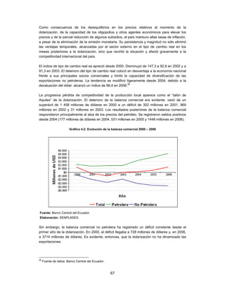 Como consecuencia de los desequilibrios en los precios relativos al momento de la
dolarización, de la capacidad de los oligopolios y otros agentes económicos para elevar los
precios y de la parcial reducción de algunos subsidios, el país mantuvo altas tasas de inflación,
a pesar de la eliminación de la emisión monetaria. Su persistencia y magnitud no sólo eliminó
las ventajas temporales, alcanzadas por el sector externo en el tipo de cambio real en los
meses posteriores a la dolarización, sino que revirtió la situación y afectó gravemente a la
competitividad internacional del país.

El índice de tipo de cambio real se apreció desde 2000. Disminuyó de 147,3 a 92,8 en 2002 y a
91,3 en 2003. El deterioro del tipo de cambio real colocó en desventaja a la economía nacional
frente a sus principales socios comerciales y limitó la capacidad de diversificación de las
exportaciones no petroleras. La tendencia se modificó ligeramente desde 2004, debido a la
devaluación del dólar: alcanzó un índice de 98,4 en 2006.26

La progresiva pérdida de competitividad de la producción local aparece como el “talón de
Aquiles” de la dolarización. El deterioro de la balanza comercial era evidente: varió de un
superávit de 1 458 millones de dólares en 2000 a un déficit de 302 millones en 2001, 969
millones en 2002 y 31 millones en 2003. Los resultados posteriores de la balanza comercial
respondieron principalmente al alza de los precios del petróleo. Se registraron saldos positivos
desde 2004 (177 millones de dólares en 2004, 531 millones en 2005 y 1448 millones en 2006).

                       Gráfico 4.2: Evolución de la balanza comercial 2000 – 2006




Fuente: Banco Central del Ecuador.
Elaboración: SENPLADES.


Sin embargo, la balanza comercial no petrolera ha registrado un déficit constante desde el
primer año de la dolarización. En 2000, el déficit llegaba a 728 millones de dólares y, en 2006,
a 3714 millones de dólares. Es evidente, entonces, que la dolarización no ha dinamizado las
exportaciones.




26
     Fuente de datos: Banco Central del Ecuador.


                                                   67
 