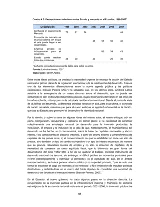 Cuadro 4.3: Percepciones ciudadanas sobre Estado y mercado en el Ecuador: 1998-2007*


            Descripción              1998     2000       2002   2003   2004   2005     2007
      Confianza en economía de
                                     73        61        54                             44
      Mercado.
      Economía de mercado es
      el único sistema con el que
                                                                 45    51      59       40
      el país puede llegar a ser
      desarrollado.
      Empresa      privada    es
      indispensable    para   el                                       66      59       43
      desarrollo.
      Estado puede resolver
                                     25        30                23            20       38
      todos los problemas.

     * La fuente consultada no presenta datos para todos los años.
    Fuente: Latinobarómetro, 2007.
    Elaboración: SENPLADES.


Entre estas ideas políticas, se destaca la necesidad urgente de relanzar la acción del Estado
nacional al primer plano de la regulación económica y de la reactivación del desarrollo. Este es
uno de los elementos diferenciadores entre la nueva agenda pública y las políticas
neoliberales. Bresser Pereira (2007) ha señalado que, en los últimos años, América Latina
asistiría a la emergencia de un nuevo discurso sobre el desarrollo, que no puede ser
confundido ni con el discurso desarrollista clásico, cuyas distorsiones derivaron en las crisis de
los años ochenta, ni tampoco con la ortodoxia neoliberal convencional. Desde el punto de vista
de la política de desarrollo, la diferencia principal consiste en que, para esta última, el concepto
de nación no existe, mientras que, para el nuevo enfoque, el agente fundamental es la Nación,
que usa su Estado para promover el desarrollo y la identidad nacional.

Por lo demás, y sobre la base de algunas ideas del mismo autor, el nuevo enfoque, aún en
plena configuración, recuperaría y colocaría en primer plano: a) la necesidad de constituir
colectivamente una estrategia nacional de desarrollo para la inversión productiva, la
innovación, el empleo y la inclusión; b) la idea de que, históricamente, el financiamiento del
desarrollo se ha hecho, en lo fundamental, sobre la base de capitales nacionales y ahorro
interno, y no como plantea el discurso ortodoxo, a partir del ahorro externo y la transferencia de
capitales de los países ricos; c) el convencimiento de que la estabilidad no debe ser sólo de
precios, sino también un tipo de cambio competitivo y un tipo de interés moderado, de manera
que se procure razonables niveles de empleo y no sólo la atracción de capitales; d) la
necesidad de conservar un cierto equilibrio fiscal, que lo diferencia en gran forma del
desarrollismo del ciclo 1950/1980, a fin de no quebrar al Estado, principal instrumento de
desarrollo nacional (se recurre, sin embargo, al déficit público en momentos puntuales para
invertir estratégicamente y estimular la demanda); e) el postulado de que, en el ámbito
macroeconómico, se busca generar ahorro público y no superávit primario, “que es solo una
forma de esconder el pago de intereses a los rentistas”; y f) el imperativo de impulsar políticas
distributivas y redistributivas en el marco del doble objetivo de consolidar una sociedad de
derechos y de fortalecer el mercado interno (Brasser Pereira, 2007).

En el Ecuador, el nuevo gobierno ha dado algunos pasos en la dirección descrita. La
recuperación de la inversión pública en la infraestructura material y financiera de sectores
estratégicos de la economía nacional —durante el periodo 2001-2006, la inversión pública fue


                                                    91
 