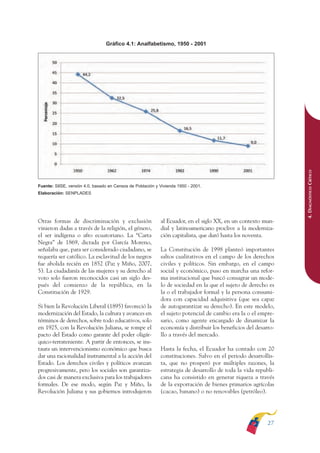 ARMADO RESUMEN BUEN VIVIR     12/1/09    3:20 PM     Page 27




                                               Gráfico 4.1: Analfabetismo, 1950 - 2001




                                                                                                                              4. DIAGNÓSTICO CRÍTICO
              Fuente: SIISE, versión 4.0, basado en Censos de Población y Vivienda 1950 - 2001.
              Elaboración: SENPLADES




              Otras formas de discriminación y exclusión                  al Ecuador, en el siglo XX, en un contexto mun-
              vinieron dadas a través de la religión, el género,          dial y latinoamericano proclive a la moderniza-
              el ser indígena o afro ecuatoriano. La “Carta               ción capitalista, que duró hasta los noventa.
              Negra” de 1869, dictada por García Moreno,
              señalaba que, para ser considerado ciudadano, se            La Constitución de 1998 planteó importantes
              requería ser católico. La esclavitud de los negros          saltos cualitativos en el campo de los derechos
              fue abolida recién en 1852 (Paz y Miño, 2007,               civiles y políticos. Sin embargo, en el campo
              5). La ciudadanía de las mujeres y su derecho al            social y económico, puso en marcha una refor-
              voto solo fueron reconocidos casi un siglo des-             ma institucional que buscó consagrar un mode-
              pués del comienzo de la república, en la                    lo de sociedad en la que el sujeto de derecho es
              Constitución de 1929.                                       la o el trabajador formal y la persona consumi-
                                                                          dora con capacidad adquisitiva (que sea capaz
              Si bien la Revolución Liberal (1895) favoreció la           de autogarantizar su derecho). En este modelo,
              modernización del Estado, la cultura y avances en           el sujeto potencial de cambio era la o el empre-
              términos de derechos, sobre todo educativos, solo           sario, como agente encargado de dinamizar la
              en 1925, con la Revolución Juliana, se rompe el             economía y distribuir los beneficios del desarro-
              pacto del Estado como garante del poder oligár-             llo a través del mercado.
              quico-terrateniente. A partir de entonces, se ins-
              taura un intervencionismo económico que busca               Hasta la fecha, el Ecuador ha contado con 20
              dar una racionalidad instrumental a la acción del           constituciones. Salvo en el periodo desarrollis-
              Estado. Los derechos civiles y políticos avanzan            ta, que no prosperó por múltiples razones, la
              progresivamente, pero los sociales son garantiza-           estrategia de desarrollo de toda la vida republi-
              dos casi de manera exclusiva para los trabajadores          cana ha consistido en generar riqueza a través
              formales. De ese modo, según Paz y Miño, la                 de la exportación de bienes primarios agrícolas
              Revolución Juliana y sus gobiernos introdujeron             (cacao, banano) o no renovables (petróleo).




                                                                                                                        27
 