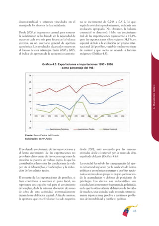 ARMADO RESUMEN BUEN VIVIR   12/1/09     3:20 PM    Page 43




                                                                                                                         BUEN VIVIR
                                                                                                                             PARA EL
              discrecionalidad e intereses vinculados en el       na se incrementó de 0,748 a 0,812, lo que,
              manejo de los ahorros de la ciudadanía.             según la ortodoxia predominante, indicaría una




                                                                                                                         PLAN NACIONAL
                                                                  evolución apropiada. No obstante, la balanza
              Desde 2000, el argumento central para sostener      comercial se deterioró. Hubo un crecimiento
              la dolarización se ha basado en la necesidad de     real de las importaciones equivalente a 45,1%,
              exportar cada vez más para financiar la balanza     pero las exportaciones sólo crecieron 34,1%, en
              externa, en un escenario general de apertura        especial debido a la evolución del precio inter-




                                                                                                                             DEL
              económica. Los resultados alcanzados muestran       nacional del petróleo, variable totalmente fuera




                                                                                                                         CONSTRUCCIÓN
              el fracaso de esta estrategia. Entre 2000 y 2005,   de control y que oscila de acuerdo a factores
              el índice de apertura de la economía ecuatoria-     exógenos (Gráfico 4.5).




                                                                                                                             DE
                                   Gráfico 4.5: Exportaciones e importaciones 1993 - 2006




                                                                                                                         EL PROCESO
                                                  –como porcentaje del PIB–




                                                                                                                         4. DIAGNÓSTICO CRÍTICO
                   Fuente: Banco Central del Ecuador.
                   Elaboración: SENPLADES



              El acelerado crecimiento de las importaciones y     desde 2001, está sostenida por las remesas
              el lento crecimiento de las exportaciones no        enviadas desde el exterior por la mano de obra
              petroleras dan cuenta de las escasas opciones de    expulsada del país (Gráfico 4.6).
              creación de puestos de trabajo digno, lo que ha
              contribuido a deteriorar las condiciones de vida    La sociedad ha sufrido las consecuencias del ajus-
              por vía del desempleo, el subempleo y la reduc-     te estructural impuesto por la coalición de fuerzas
              ción de los salarios reales.                        políticas y económicas externas y las élites nacio-
                                                                  nales carentes de un proyecto propio que trascien-
              El repunte de las exportaciones de petróleo, si     da la acumulación y defensa de posiciones de
              bien contribuye a sostener el gasto fiscal, no      privilegio. Los efectos son indiscutibles: una
              representa una opción real para el crecimiento      sociedad crecientemente fragmentada, polarizada,
              del empleo, dada la mínima absorción de mano        en la que ha sido evidente el deterioro de las vidas
              de obra de esta actividad, extremadamente           de muchos, una sociedad cada vez más ostentosa-
              dependiente del factor capital. A fin de cuentas,   mente injusta y muy proclive a continuos proble-
              la apertura, que en el balance ha sido negativa     mas de inestabilidad y conflicto político.



                                                                                                                  43
 