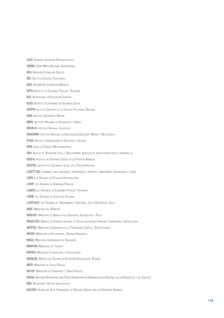 141
GAD: Gobierno Autónomo Descentralizado
GMNA: Gran Minga Nacional Agropecuaria
IED: Inversión Extranjera Directa
IEE: Instituto Espacial Ecuatoriano
IEM: Información Estadística Mensual
IEPS: Instituto de Economía Popular y Solidaria
IES: Instituciones de Educación Superior
IESS: Instituto Ecuatoriano de Seguridad Social
IGEPN: Instituto Geofísico de la Escuela Politécnica Nacional
IGM: Instituto Geográfico Militar
INEC: Instituto Nacional de Estadística y Censos
INGALA: Instituto Nacional Galápagos
INIGEMM: Instituto Nacional de Investigación Geológico Minero y Metalúrgico
IPGH: Instituto Panamericano de Geografía e Historia
IPM: Índice de Pobreza Multidimensional
IRD: Institut de Recherche pour le Développment (Instituto de Investigación para el Desarrollo)
ISSFA: Instituto de Seguridad Social de las Fuerzas Armadas
ISSPOL: Instituto de Seguridad Social de la Policía Nacional
LGBTTTIQ: Lesbianas, gays, bisexuales, transexuales, travestis, transgénero, intersexuales y queer
LOEI: Ley Orgánica de Educación Intercultural
LOEP: Ley Orgánica de Empresas Públicas
LOEPS: Ley Orgánica de Economía Popular y Solidaria
LOES: Ley Orgánica de Educación Superior
LOOTUGS: Ley Orgánica de Ordenamiento Territorial, Uso y Gestión del Suelo
MAE: Ministerio del Ambiente
MAGAP: Ministerio de Agricultura, Ganadería, Acuacultura y Pesca
MAIS-FCI: Modelo de Atención Integral de Salud con enfoque Familiar, Comunitario e Intercultural
MCPEC: Ministerio Coordinador de la Producción, Empleo y Competitividad
MEER: Ministerio de Electricidad y Energía Renovable
MICS: Ministerio Coordinador de Seguridad
MINTUR: Ministerio de Turismo
MIPRO: Ministerio de Industrias y Productividad
MOSEIB: Modelo del Sistema de Educación Intercultural Bilingüe
MSP: Ministerio de Salud Pública
MTOP: Ministerio de Transporte y Obras Públicas
NASA: National Aeronautics and Space Administration (Administración Nacional de la Aeronáutica y del Espacio)
NBI: Necesidades Básicas Insatisfechas
OACDH: Oficina del Alto Comisionado de Naciones Unidas para los Derechos Humanos
 