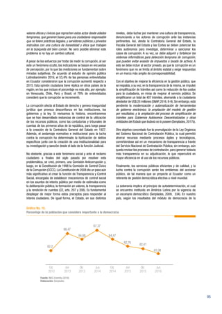 95
valores éticos y cívicos que reprochen estos actos desde edades
tempranas, que generen bases para una ciudadanía responsable
que no tolere prácticas ilegales, y servidores públicos y privados
instruidos con una cultura de honestidad y ética que trabajen
en la búsqueda del bien común. No será posible eliminar este
problema si no hay un cambio cultural.
A pesar de los esfuerzos por tratar de medir la corrupción, al ser
este un fenómeno oculto, los indicadores se basan en encuestas
de percepción, por lo que las mediciones se fundamentan sobre
miradas subjetivas. De acuerdo al estudio de opinión pública
Latinobarómetro 2016, el 53,4% de las personas entrevistadas
en Ecuador consideraron que la corrupción aumentó respecto a
2015. Esta opinión ciudadana tiene réplica en otros países de la
región, en los que incluso el porcentaje es más alto, por ejemplo:
en Venezuela, Chile, Perú y Brasil, el 78% de entrevistados
consideró que la corrupción se incrementó.
La corrupción afecta al Estado de derecho y genera inseguridad
jurídica que provoca desconfianza en las instituciones, los
gobiernos y la ley. Si revisamos la historia, encontraremos
que se han desarrollado instancias de control de la utilización
de los recursos públicos, como las contadurías y tribunales de
cuentas de los primeros años de la república, para luego pasar
a la creación de la Contraloría General del Estado en 1927.
Además, el andamiaje normativo e institucional para la lucha
contra la corrupción ha determinado la tipificación de delitos
específicos junto con la creación de una institucionalidad para
su investigación y sanción desde el lado de la función Judicial.
No obstante, gracias a este fenómeno social y ante el reclamo
ciudadano a finales del siglo pasado por resolver esta
problemática, se creó, primero, una Comisión Anticorrupción y,
luego, en la Constitución de 1998 la Comisión de Control Cívico
de la Corrupción (CCCC).La Constitución de 2008 dio un paso aún
más significativo al crear la función de Transparencia y Control
Social, encargada de establecer mecanismos de control social
en los asuntos de interés público por medio de estímulos como
la deliberación pública, la formación en valores, la transparencia
y la rendición de cuentas (CE, arts. 207 y 208). Es fundamental
desplegar de mejor forma estos preceptos para responder al
interés ciudadano. De igual forma, el Estado, en sus distintos
niveles, debe luchar por mantener una cultura de transparencia,
denunciando a los actores de corrupción ante las instancias
pertinentes. Así, desde la Contraloría General del Estado, la
Fiscalía General del Estado y las Cortes se deben potenciar los
roles autónomos para investigar, determinar y sancionar los
casos de corrupción. A su vez, se debe adquirir y fortalecer los
sistemas informáticos para detección temprana de corrupción,
que pueden evitar evasión de impuestos o lavado de activos. A
esto se debe incluir al sector privado, ya que la corrupción es un
fenómeno que no se limita al ámbito estatal y exige respuestas
en un marco más amplio de corresponsabilidad.
Con el objetivo de mejorar la eficiencia en la gestión pública, que
se respalda, a su vez, en la transparencia de la misma, se impulsó
la simplificación de trámites así como la reducción de los costos
para la ciudadanía, en miras de mejorar el servicio público. Se
simplificaron un total de 407 trámites, ahorrando a la ciudadanía
alrededor de US$ 20 millones (SNAP,2016,8-9).Sin embargo,está
pendiente la modernización y automatización de herramientas
de gobierno electrónico; la ampliación del modelo de gestión
por resultados; y la ampliación del proceso de simplificación de
trámites para Gobiernos Autónomos Descentralizados y otras
entidades del Estado que todavía no lo poseen (Senplades,2017b).
Otro objetivo concretado fue la promulgación de la Ley Orgánica
del Sistema Nacional de Contratación Pública, la cual permitió
ahorrar recursos mediante procesos ágiles y tecnológicos,
convirtiéndose así en un mecanismo de transparencia a través
del Servicio Nacional de Contratación Pública; sin embargo, aún
queda revisar los procesos de contratación, para generar todavía
más transparencia en su adjudicación, lo que repercutirá en
mayor eficiencia en el uso de los recursos públicos.
Finalmente, los servicios públicos eficientes y de calidad, y la
lucha contra la corrupción serán los emblemas del accionar
público, de tal manera que se proyecte al Ecuador como un
referente de gestión democrática efectiva a nivel mundial.
La soberanía implica el principio de autodeterminación, el cual
se encuentra instituido en América Latina por la vigencia de
un escenario democrático (Senplades, 2009, 334). En nuestro
país, según los resultados del módulo de democracia de la
Dic
2012
Jun
2013
Dic
2013
Jun
2014
Dic
2014
Jun
2015
Dic
2015
Jun
2016
82,2
86,47
87,37
82,76
84,47
82,41
81,08
84.88
Gráfico No. 10.
Porcentaje de la población que considera importante a la democracia
Fuente: INEC-Enemdu (2016).
Elaboración: Senplades.
 