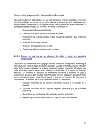 79
Conservación y regeneración de ecosistemas forestales
Este programa tiene un doble objetivo, por una parte contribuir a evitar los incendios y a minimizar
los daños producidos por éstos y, por otra parte, potenciar la conservación de la masa forestal y su
aprovechamiento, favoreciendo la función protectora del suelo que tienen los terrenos forestales y la
captación de recursos hídricos. Las acciones a desarrollar se concretan en:
• Regeneración de la vegetación silvestre.
• Construcción de diques y obras de protección en cauces.
• Reforestación de parcelas agrícolas de baja productividad agrícola y baja rentabilidad
económica.
• Protección de los suelos forestales.
• Reducción del riesgo de incendio forestal.
• Prevención y defensa frente a incendios forestales.
4.4.2.6. Puesta en marcha de un sistema de cobro y pago por servicios
ambientales
La aplicación de un sistema de cobro y pago por servicios ambientales forma parte de las estrategias
más actuales en cuanto a lograr el desarrollo sostenible y puede ser la base para una protección
eficaz de los recursos naturales. No obstante, quedan por resolver importantes dificultades para
poder aplicar este sistema, sobre todo en relación con la definición de un mecanismo financiero
adecuado. Es necesario el desarrollo de mecanismos equitativos y eficientes de pago y
compensación que sirvan para movilizar flujos financieros hacia los productores de esos servicios,
como en el caso de agua y protección de suelos y, a la vez, concienciar a los productores y
consumidores. Las acciones que se proponen en esta materia se concretan en:
• Valoración económica de los servicios ambientales aplicada a la situación de El
Salvador.
• Valoración económica de los impactos negativos generados por las actividades
productivas.
• Desarrollo de una estrategia de cobro y pago por servicios ambientales.
• Regulación y difusión del sistema de cobro y pago por servicios ambientales
 